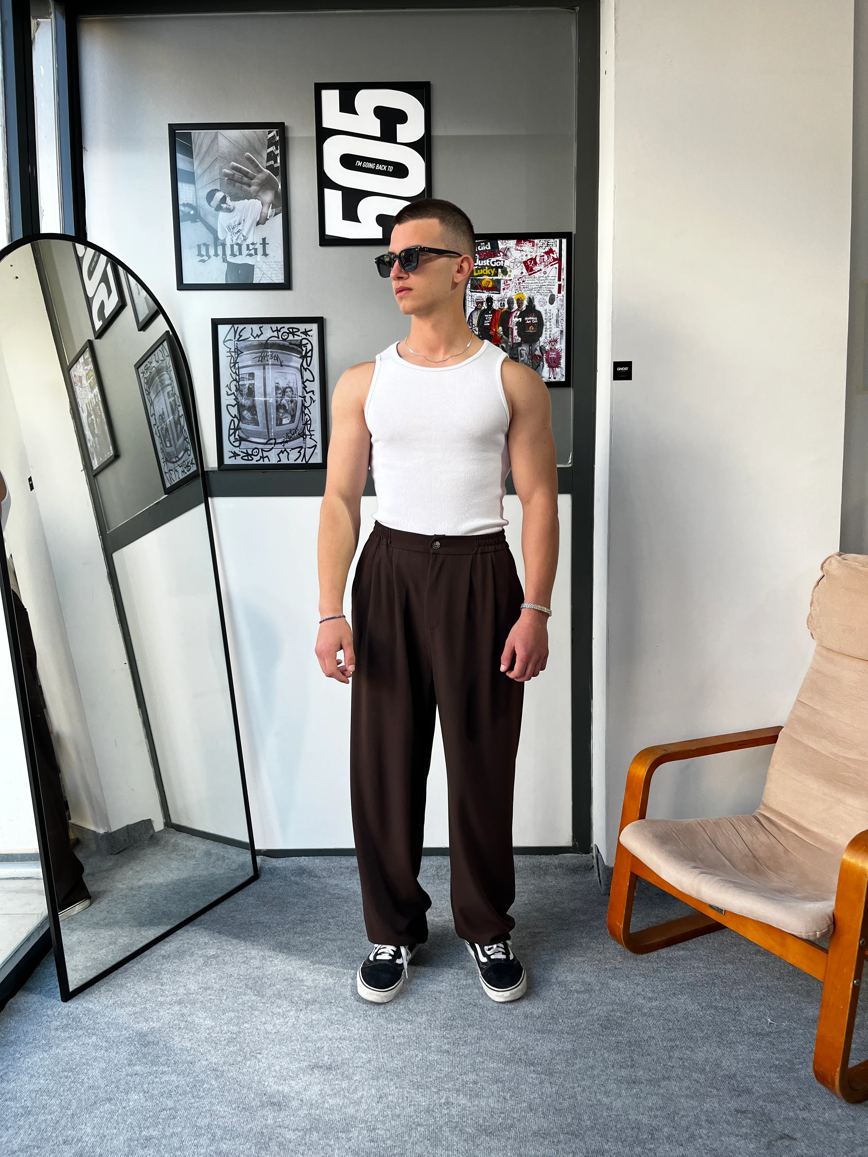 Ghost Pileli Baggy Kahve Kumaş Pantolon G10120