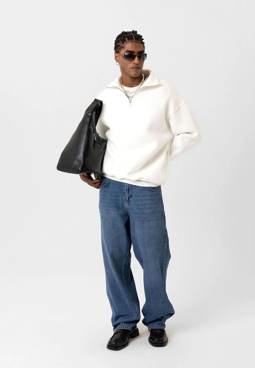 Basic Yaka Fermuarlı Ekru Sweatshirt G10147