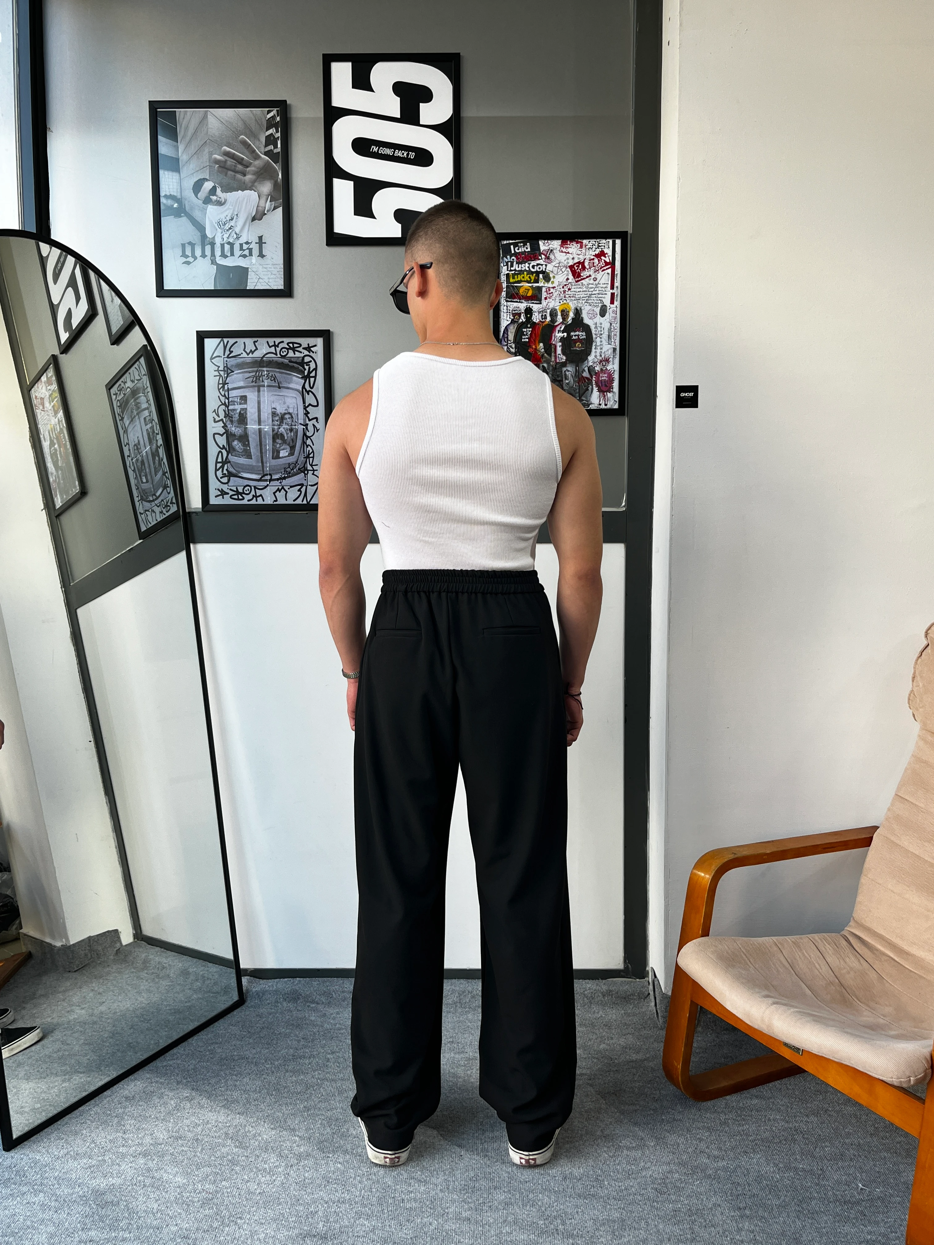 Ghost Pileli Baggy Siyah Kumaş Pantolon G10119