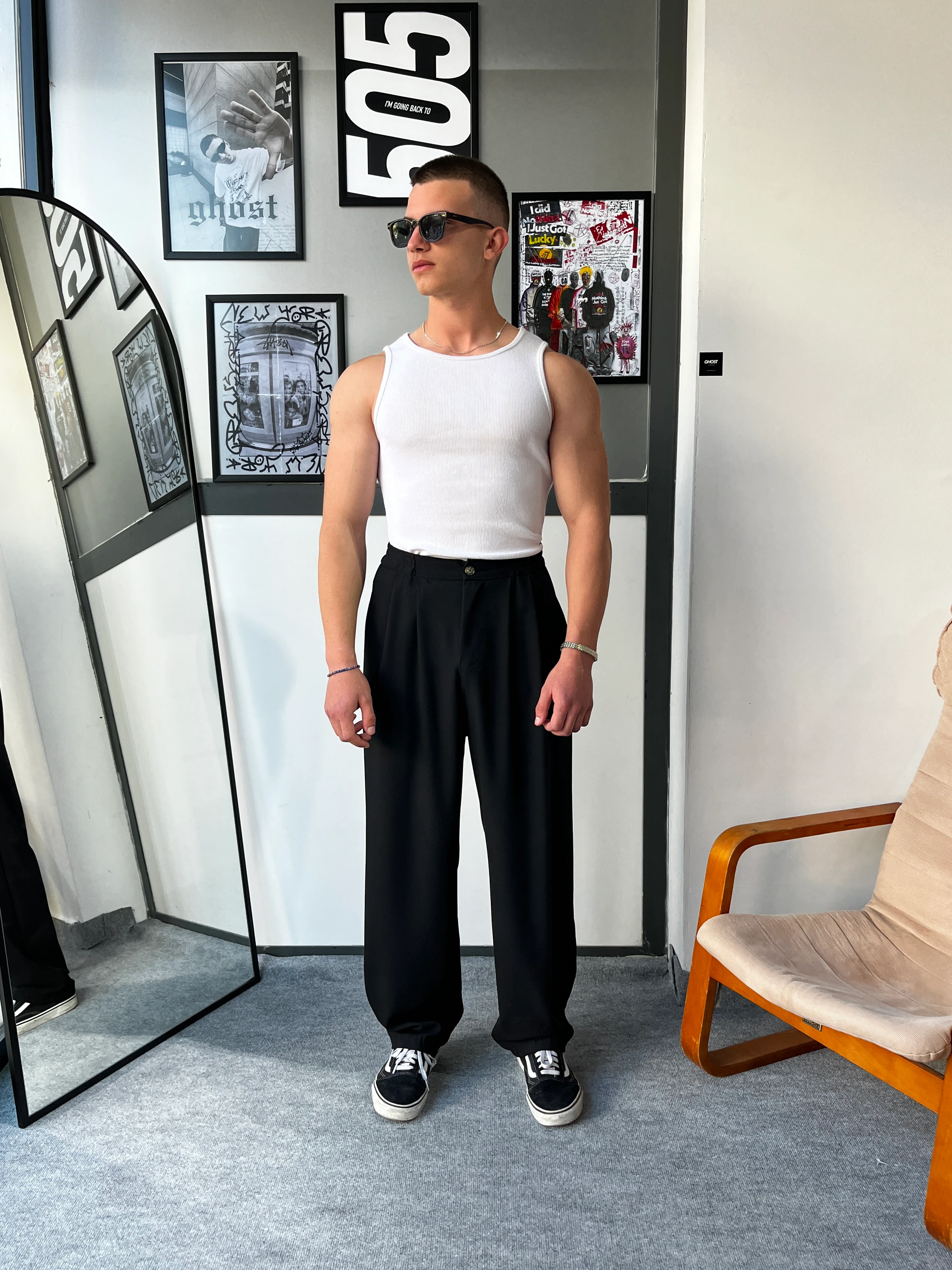 Ghost Pileli Baggy Siyah Kumaş Pantolon G10119