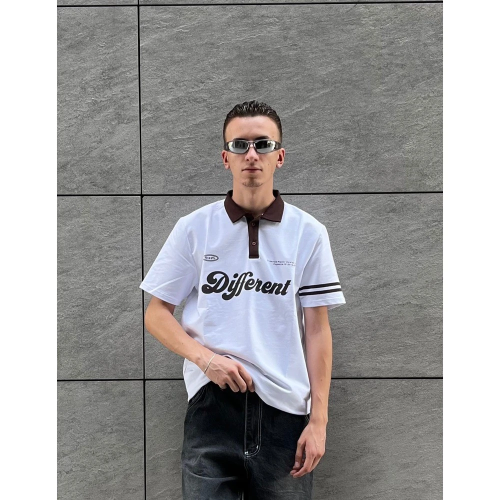 Different Baskılı Beyaz Polo Yaka Tişört G1073