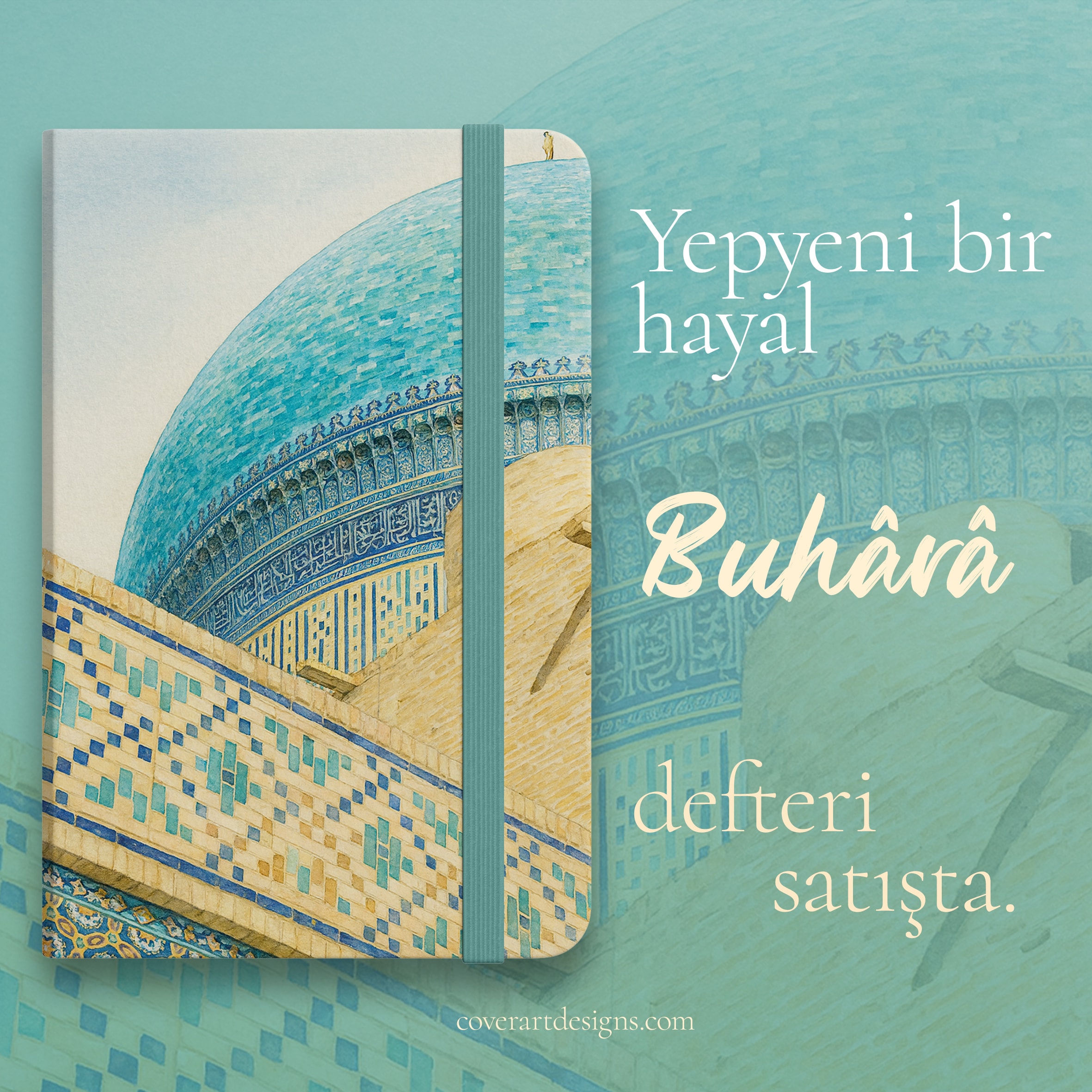 Buhara Turkuaz Kubbe Tasvirli Ciltli Defter (13x20 cm, 192 Sayfa, Sert Kapak, Kitap Ayracı Hediyeli)