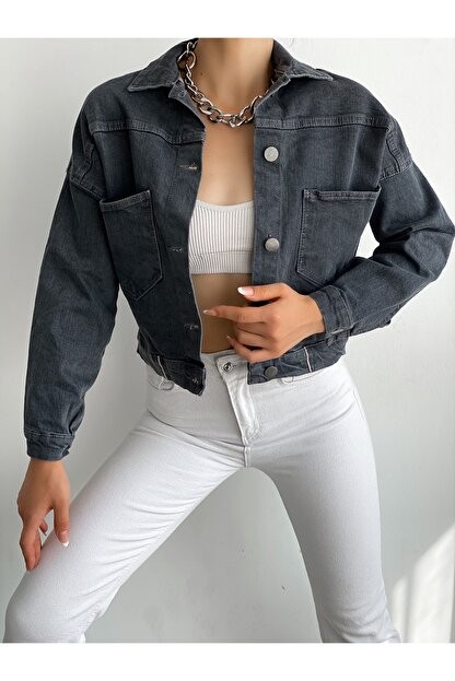 Kadın Düğmeli Çift Cepli Crop Denim Ceket  - GRİ