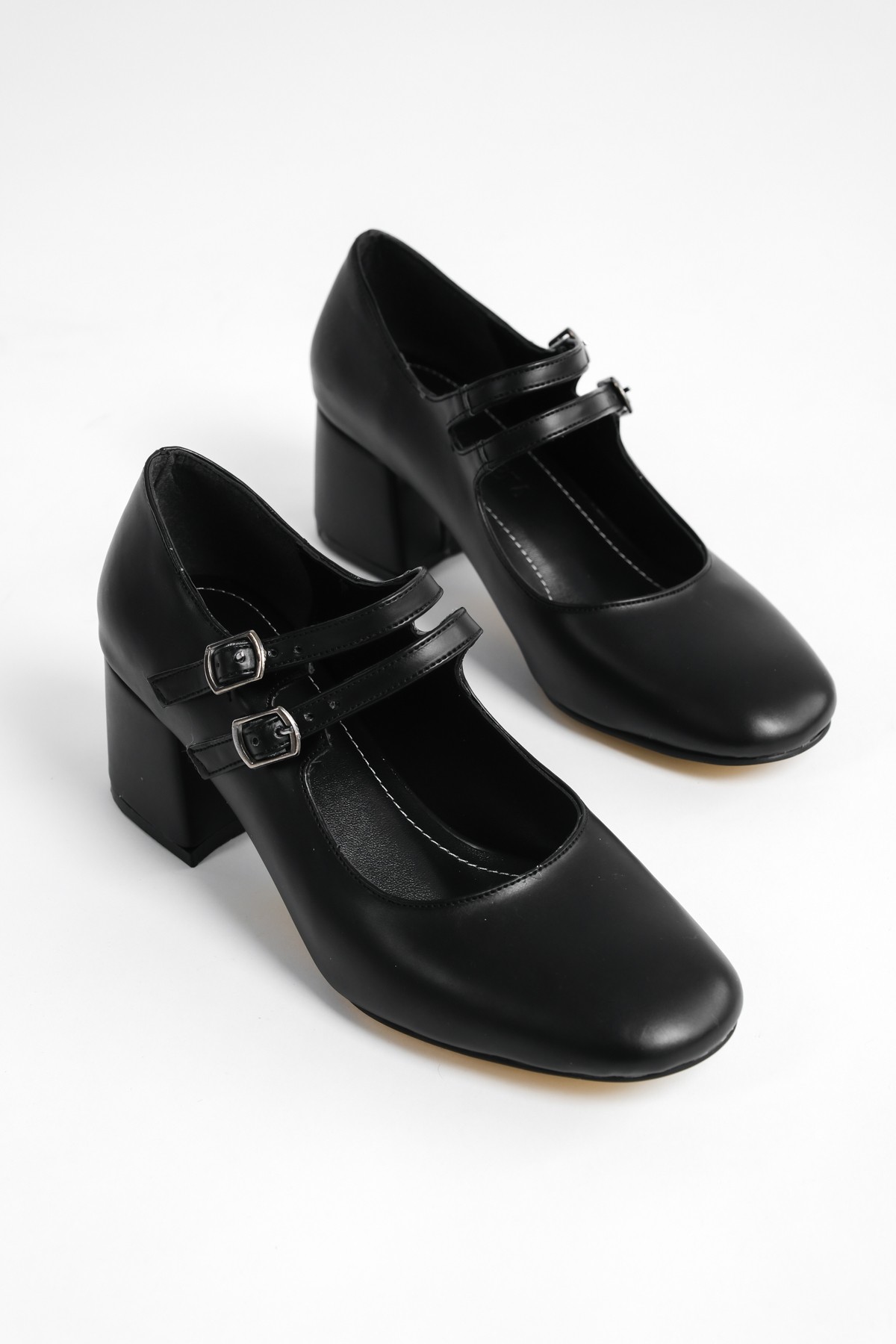 Bellver Kadın Kalın Topuklu Küt Burunlu Çift Bantlı Günlük Klasik Topuklu Ayakkabı