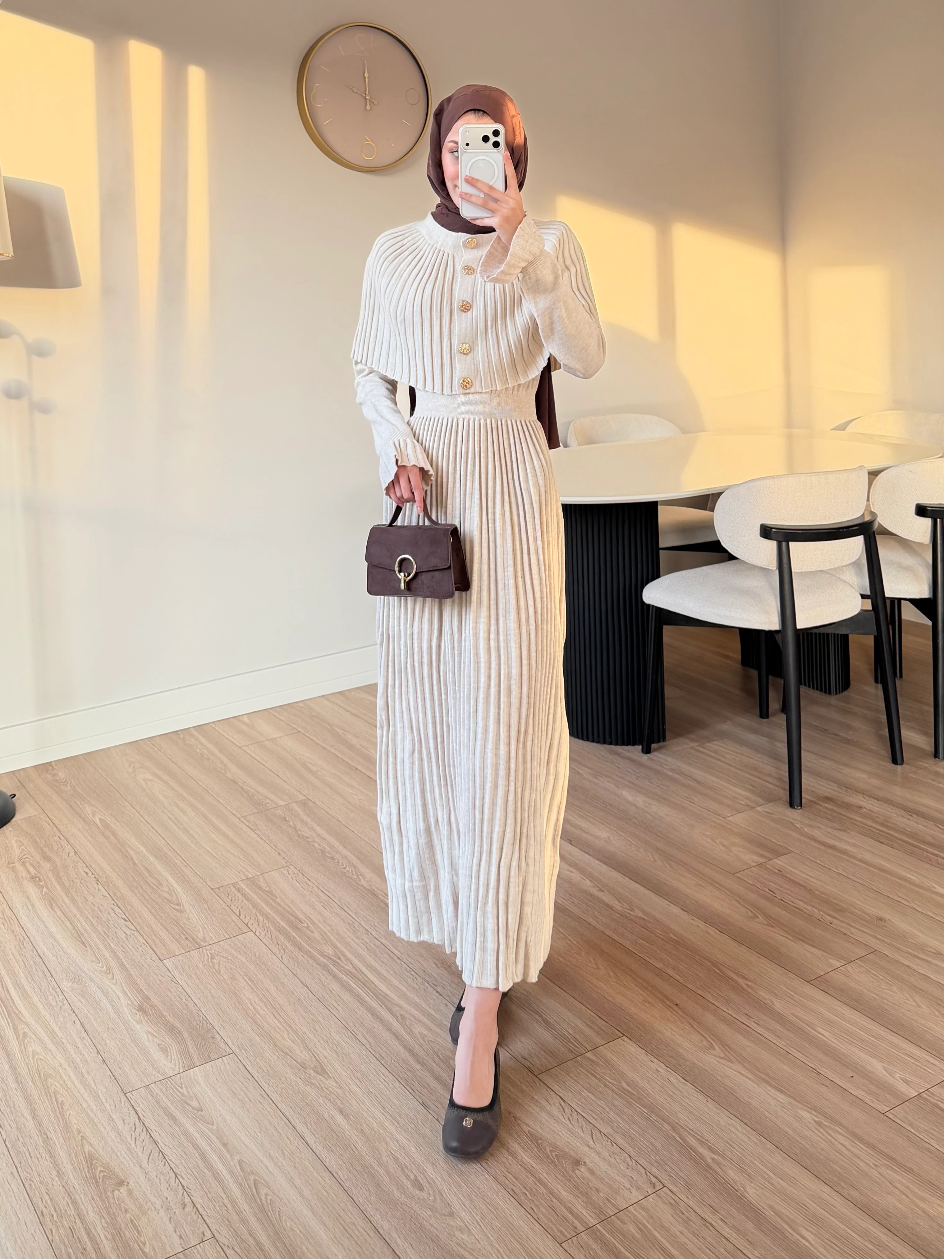 PELERİN DETAY ELBİSE BEJ