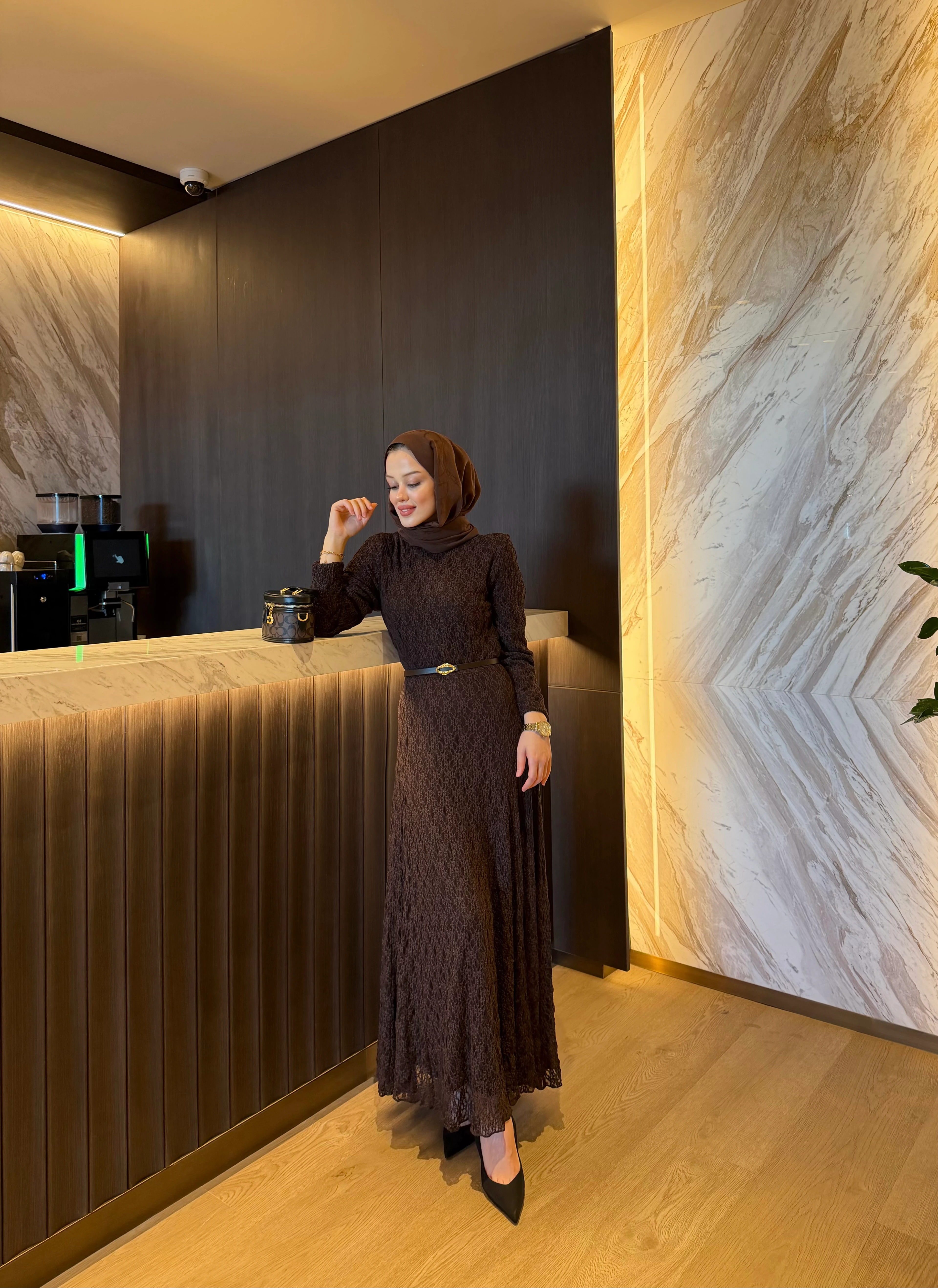 JOSEPHINE DANTEL ELBİSE ACI KAHVE ÖN SİPARİŞ