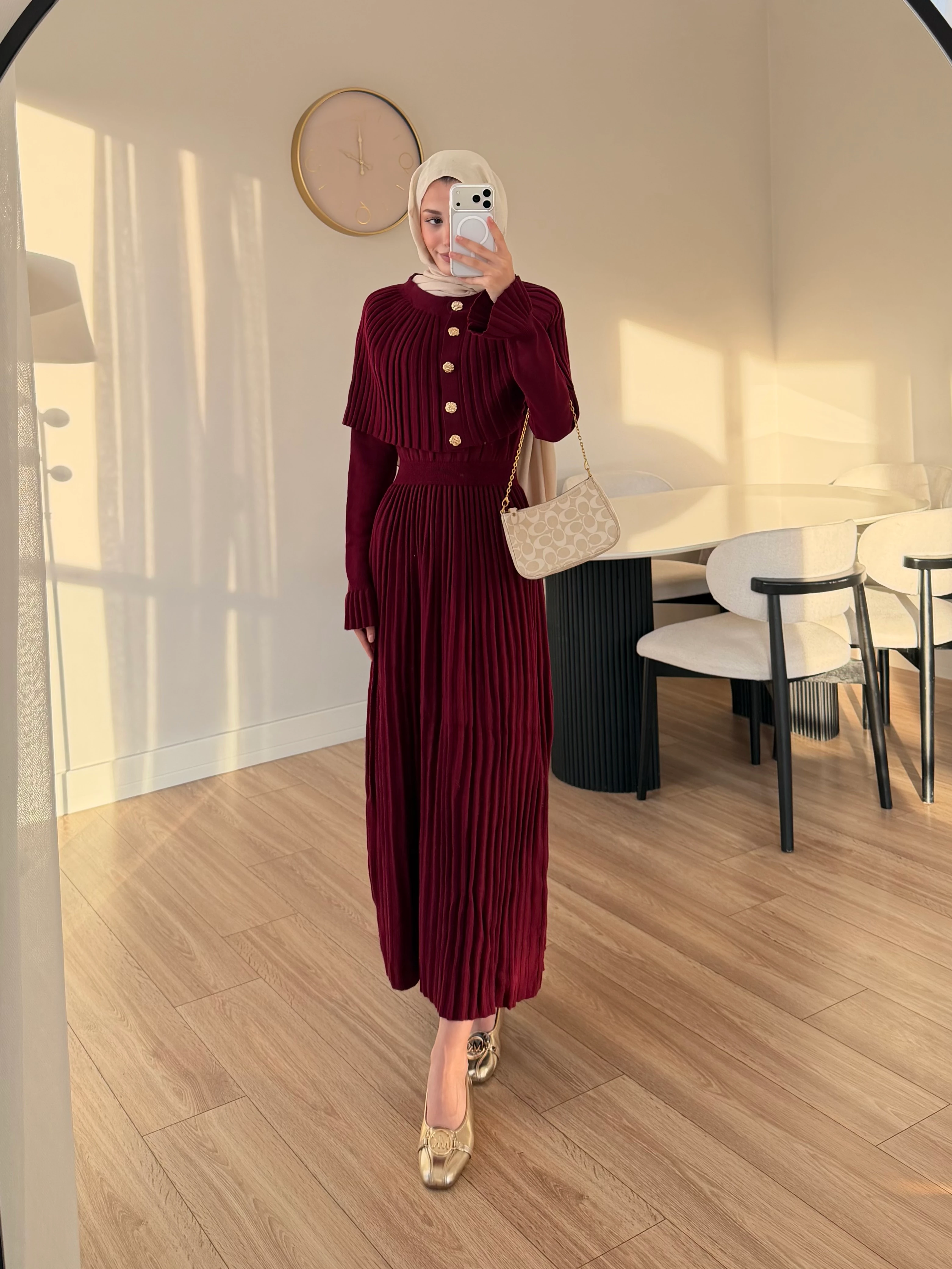 PELERİN DETAY ELBİSE BORDO