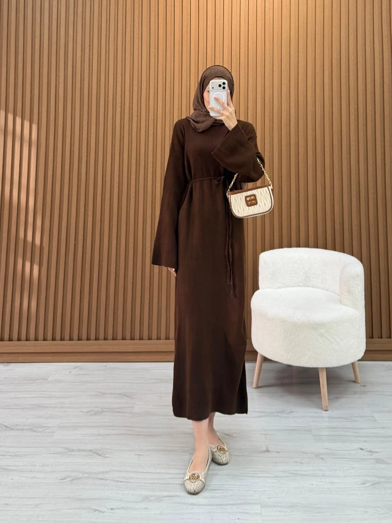 BASIC TRİKO ELBİSE KAHVE