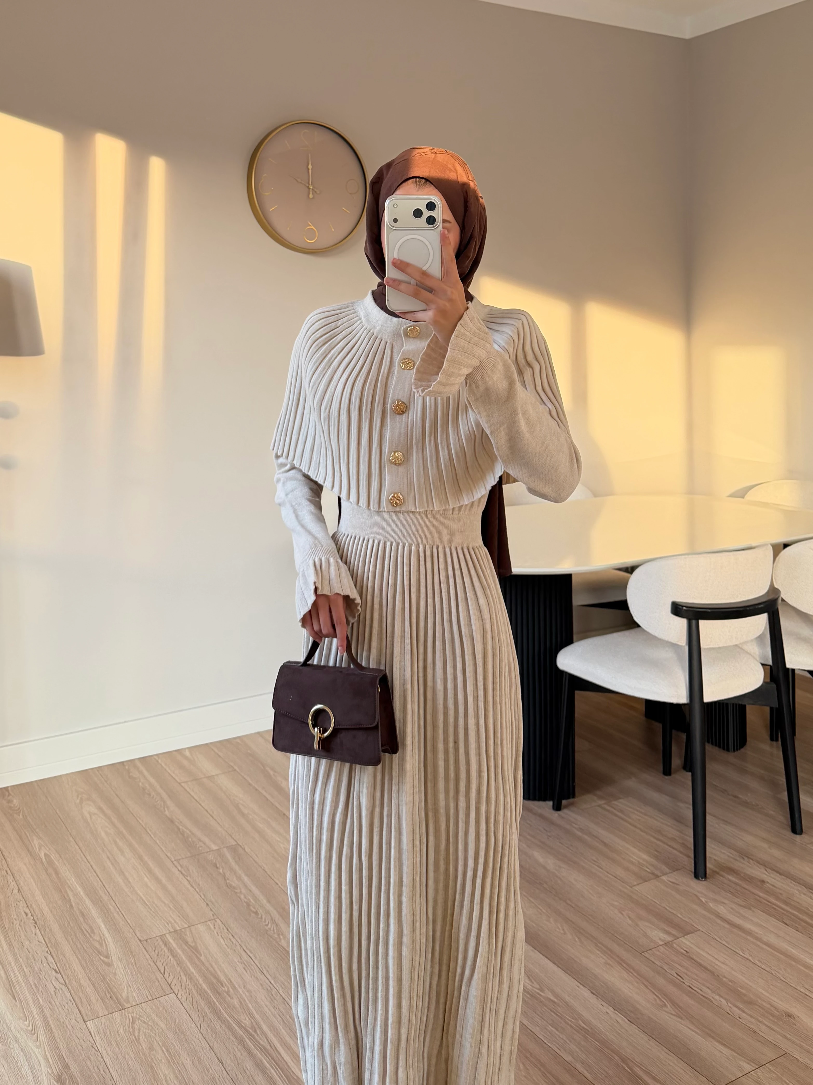 PELERİN DETAY ELBİSE BEJ