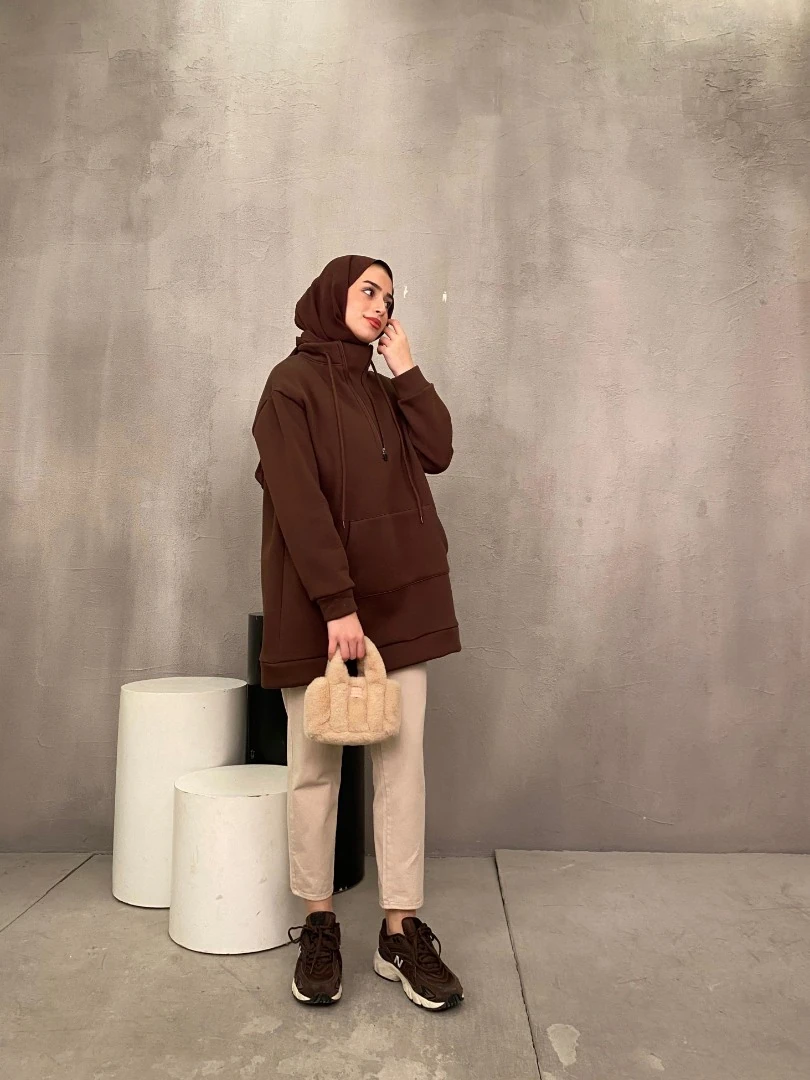 ÖNÜ CEP DETAYLI SWEAT KAHVE