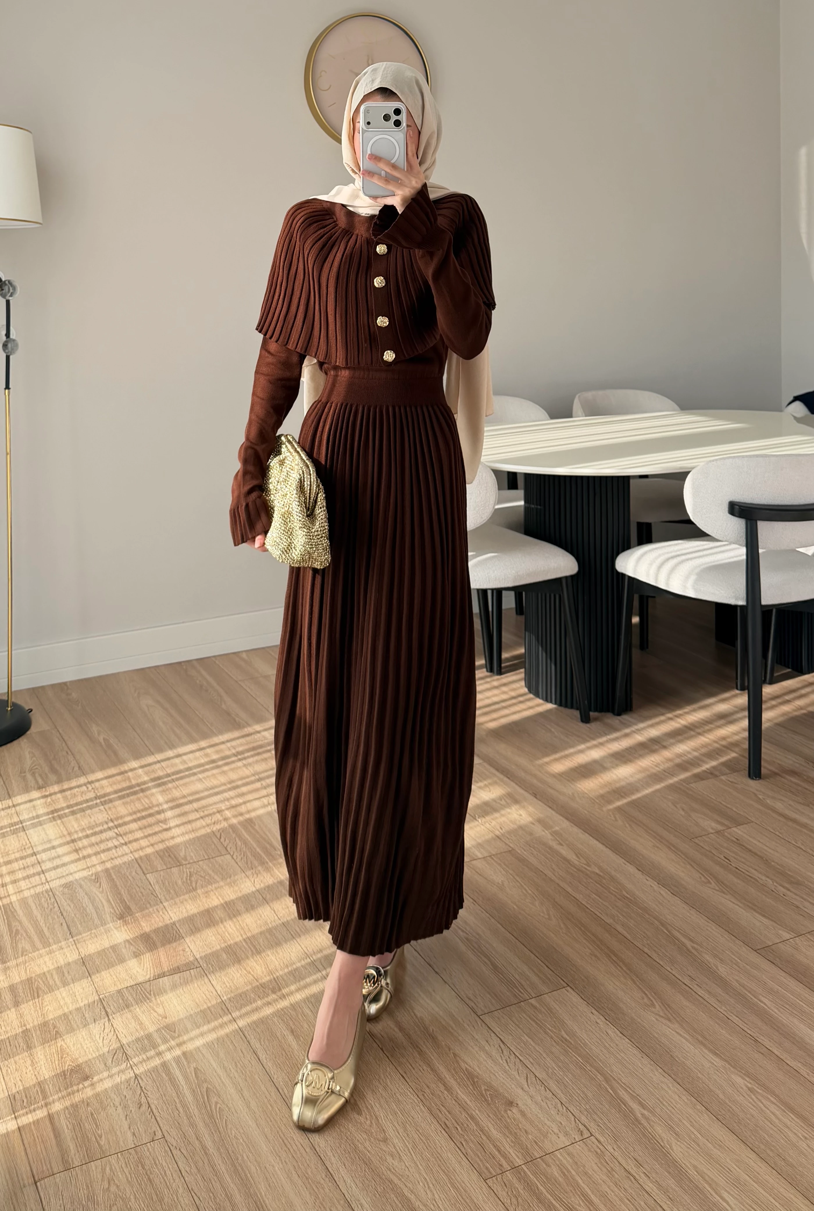 PELERİN DETAY ELBİSE KAHVE