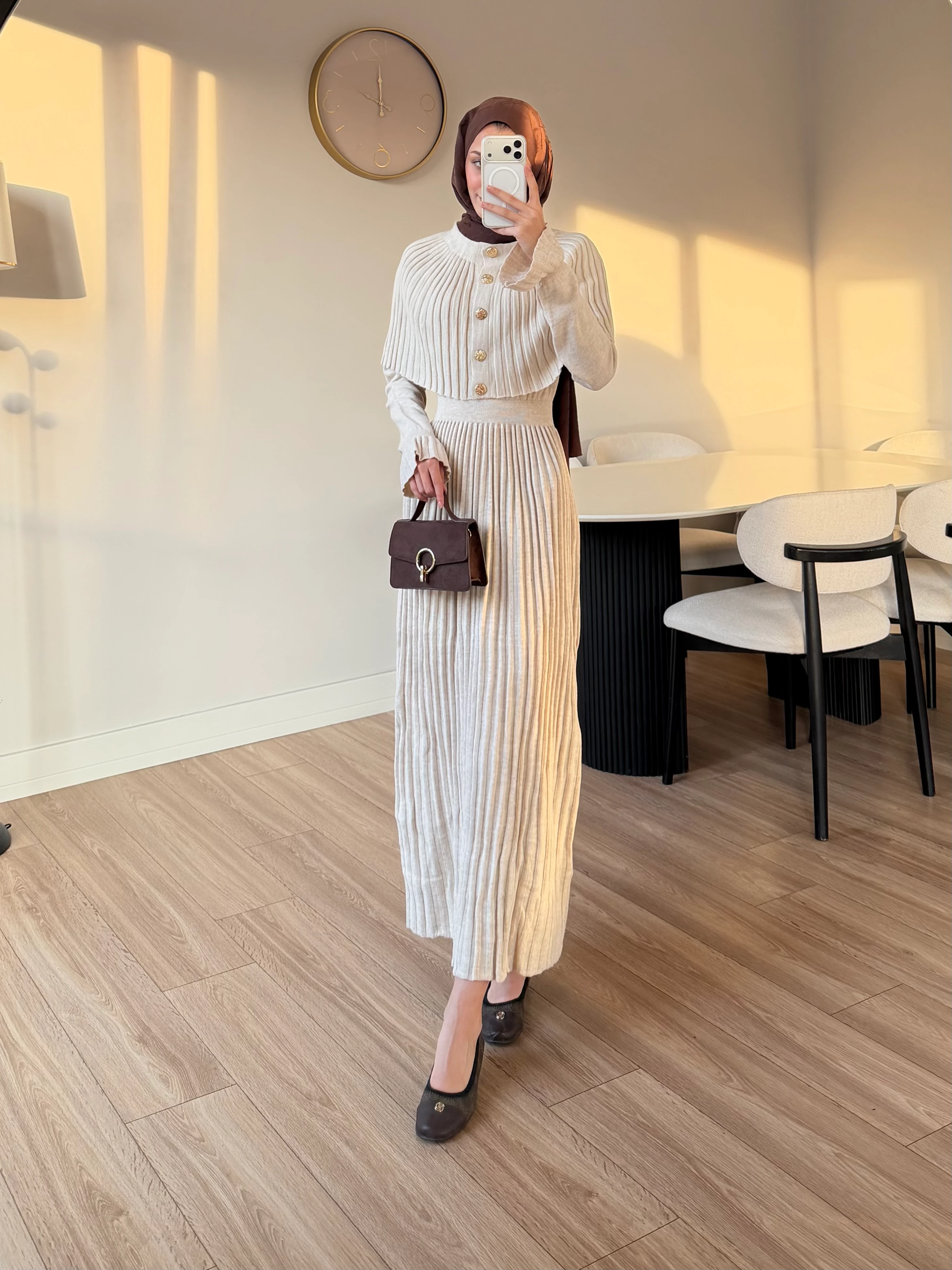 PELERİN DETAY ELBİSE BEJ