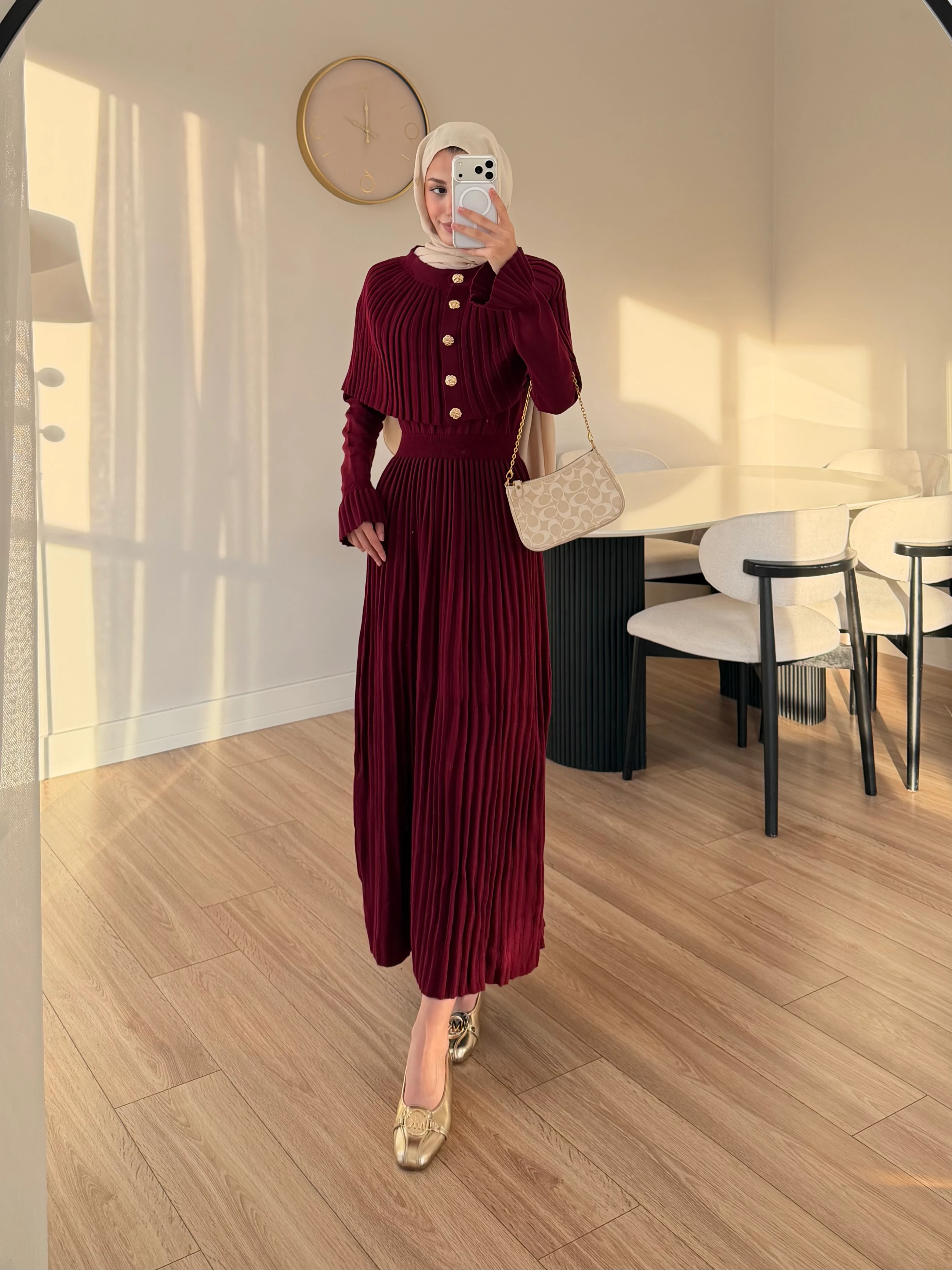 PELERİN DETAY ELBİSE BORDO