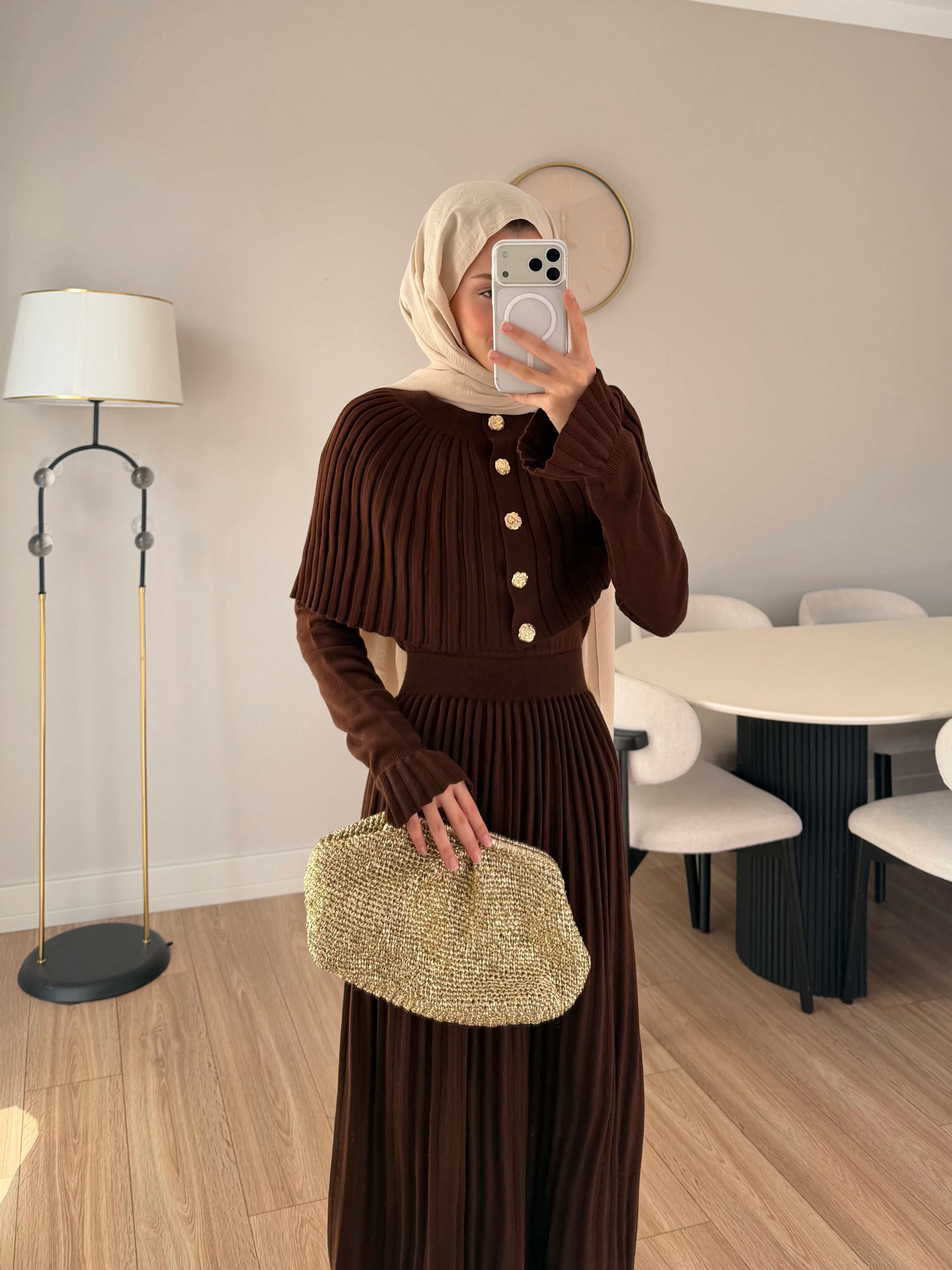 PELERİN DETAY ELBİSE KAHVE