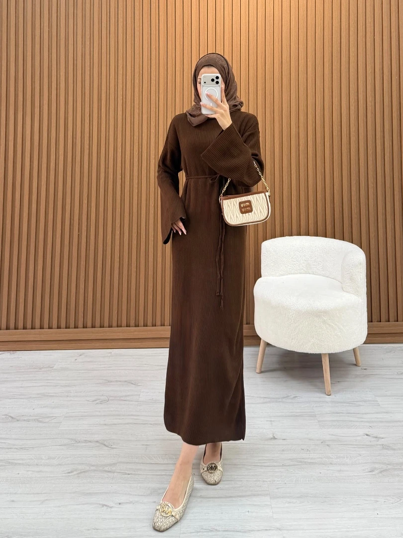 BASIC TRİKO ELBİSE KAHVE