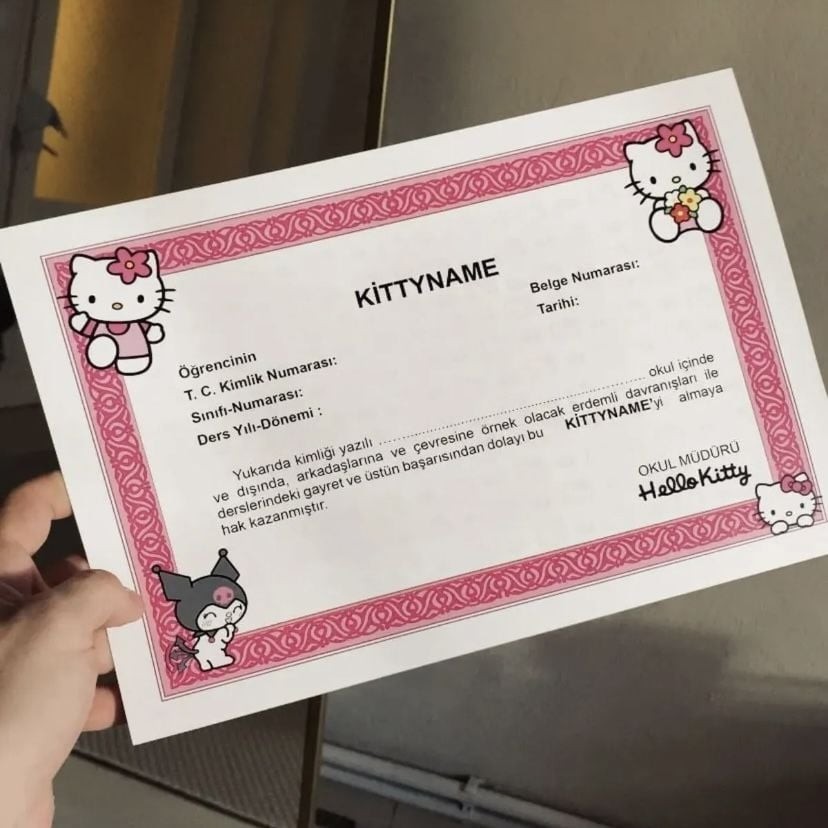 Kittyname Kişiselleştirilebilir Takdir Belgesi Hello Kitty