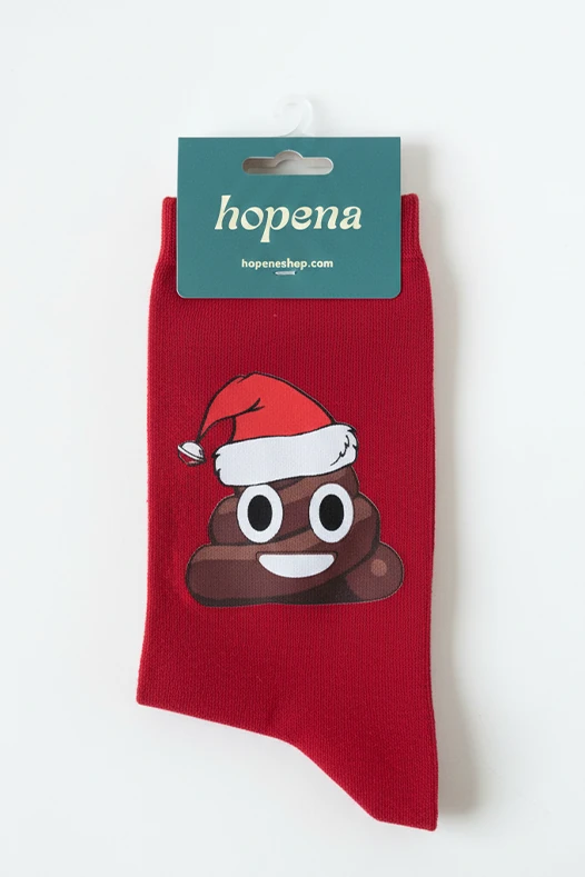 Yılbaşı Kırmızı Unisex Bambu Çorap - Bok Emoji