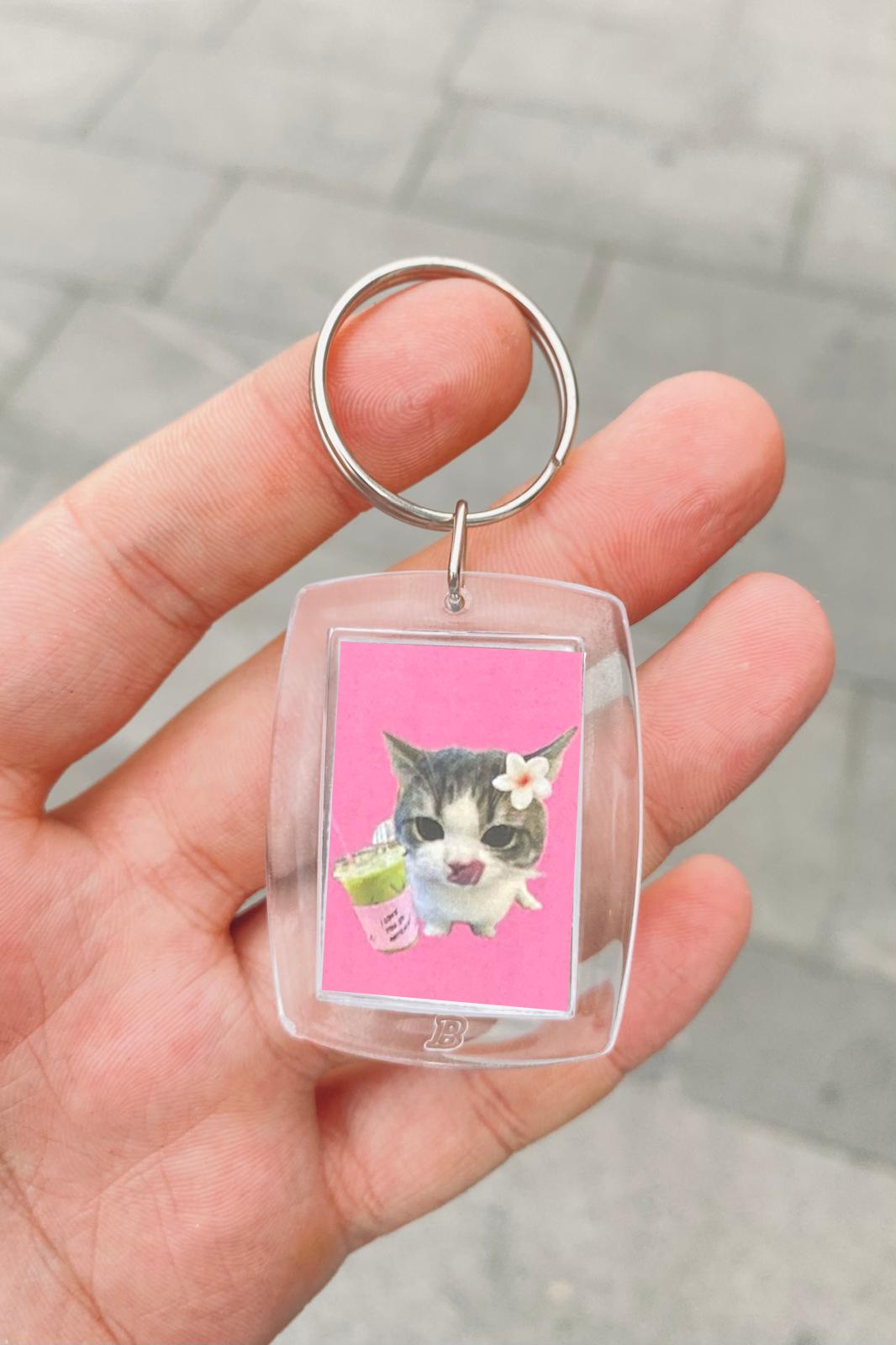 Şeffaf Çerçeve Anahtarlık Pembe Matcha Kedi
