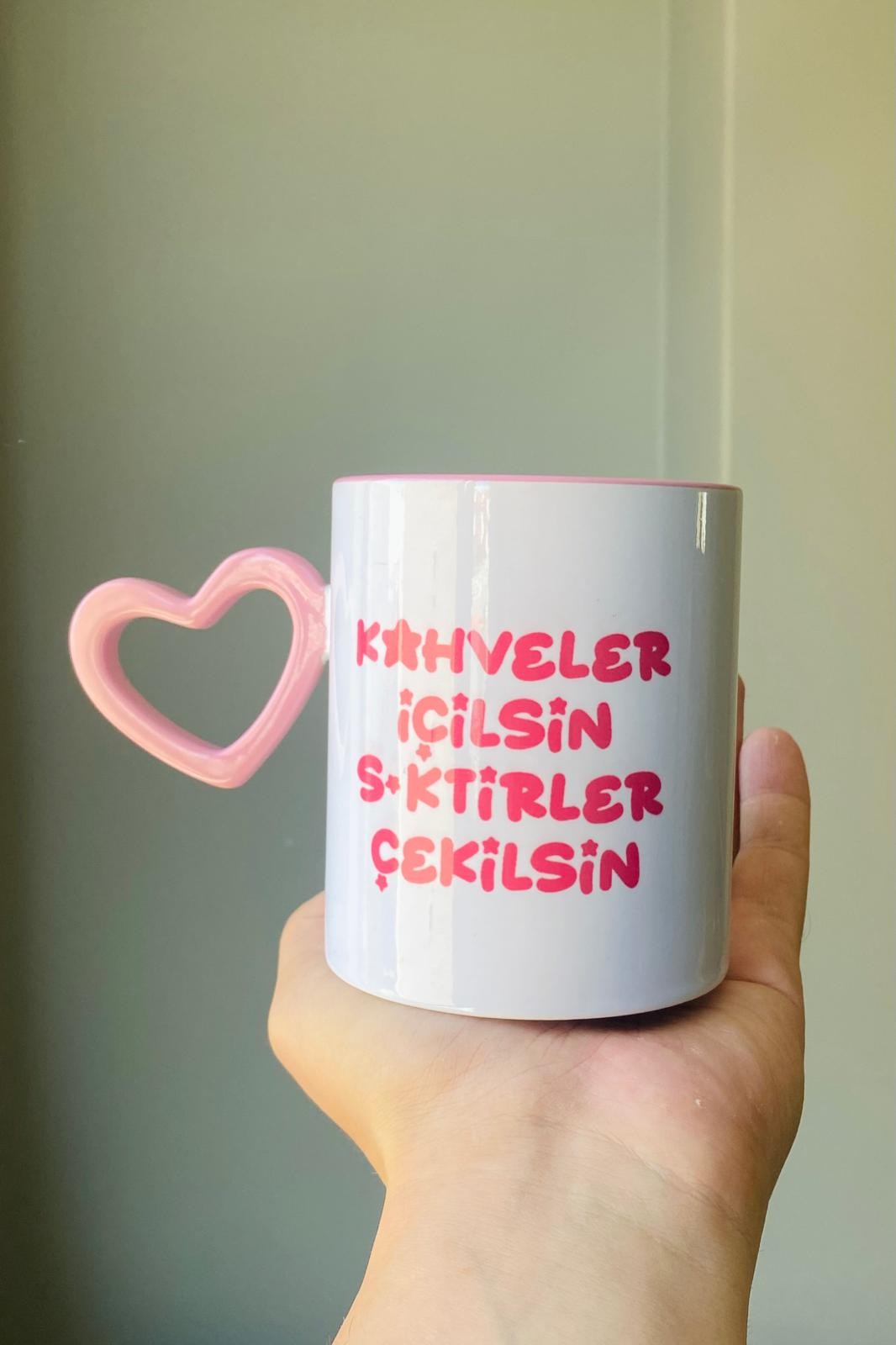 Kalpli Kulplu Kahveler İçilsin Pembe Kupa Bardak