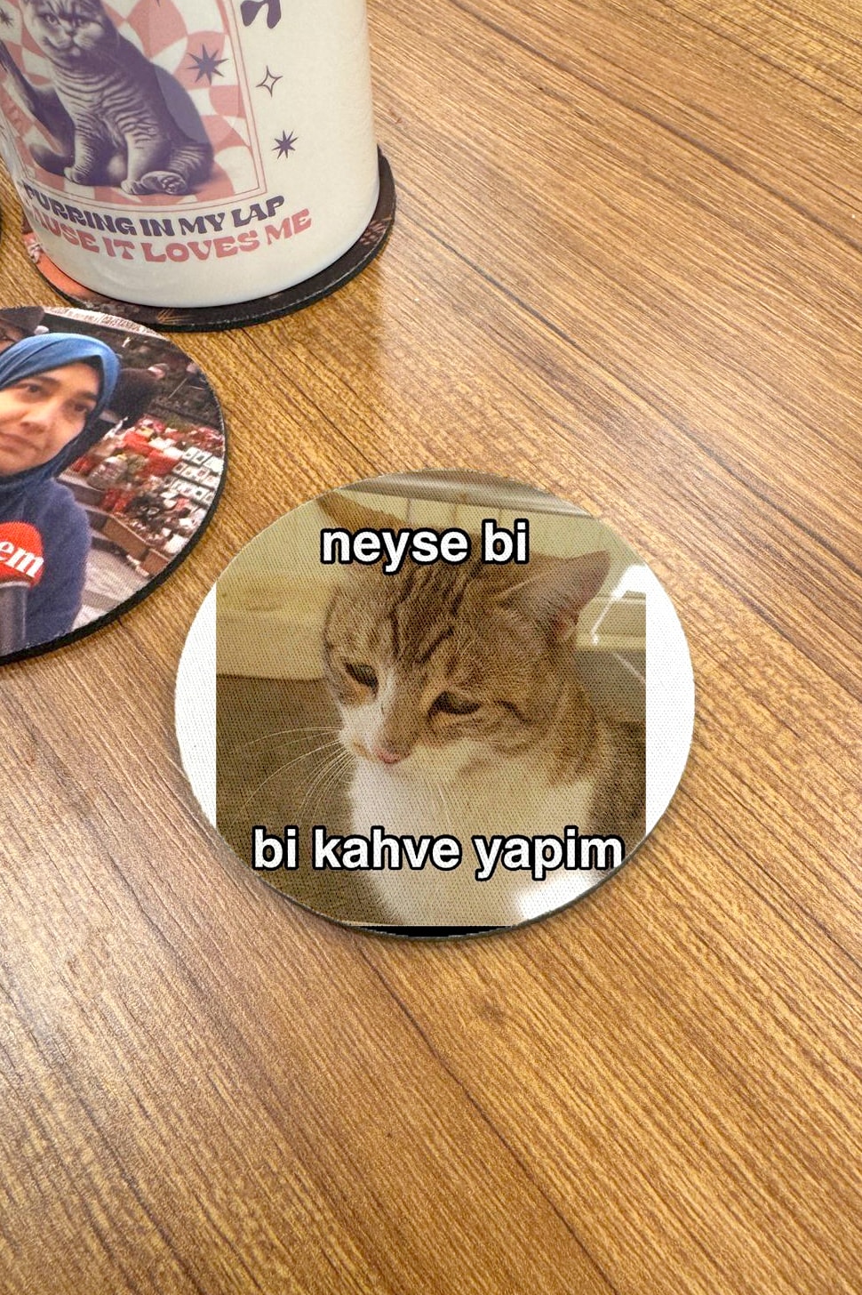 Yuvarlak Bardak Altlığı Kedi Kahve