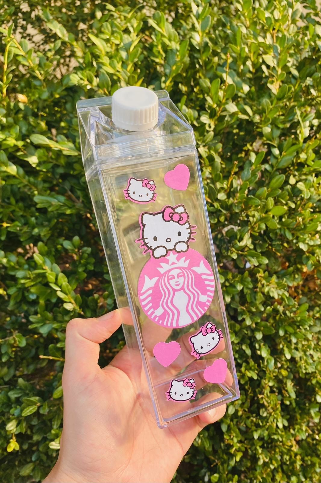 Kalpli Hello Kitty Starbucks Süt Kutusu Tasarımlı 500ml Mika Matara Suluk