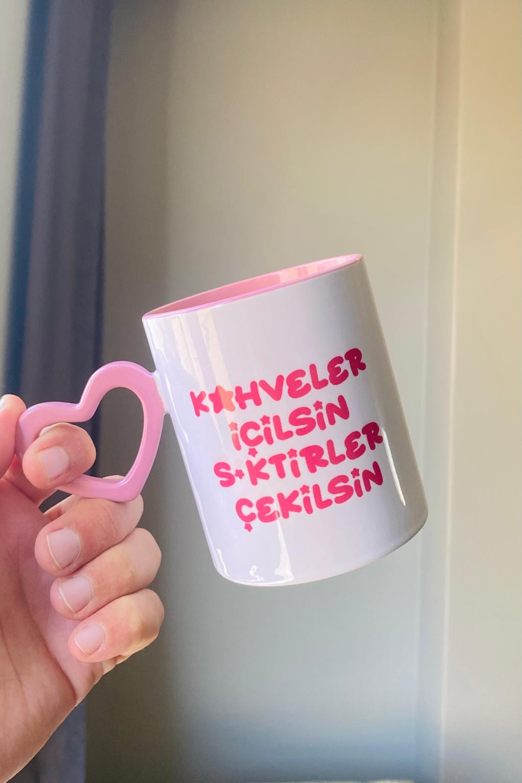 Kalpli Kulplu Kahveler İçilsin Pembe Kupa Bardak