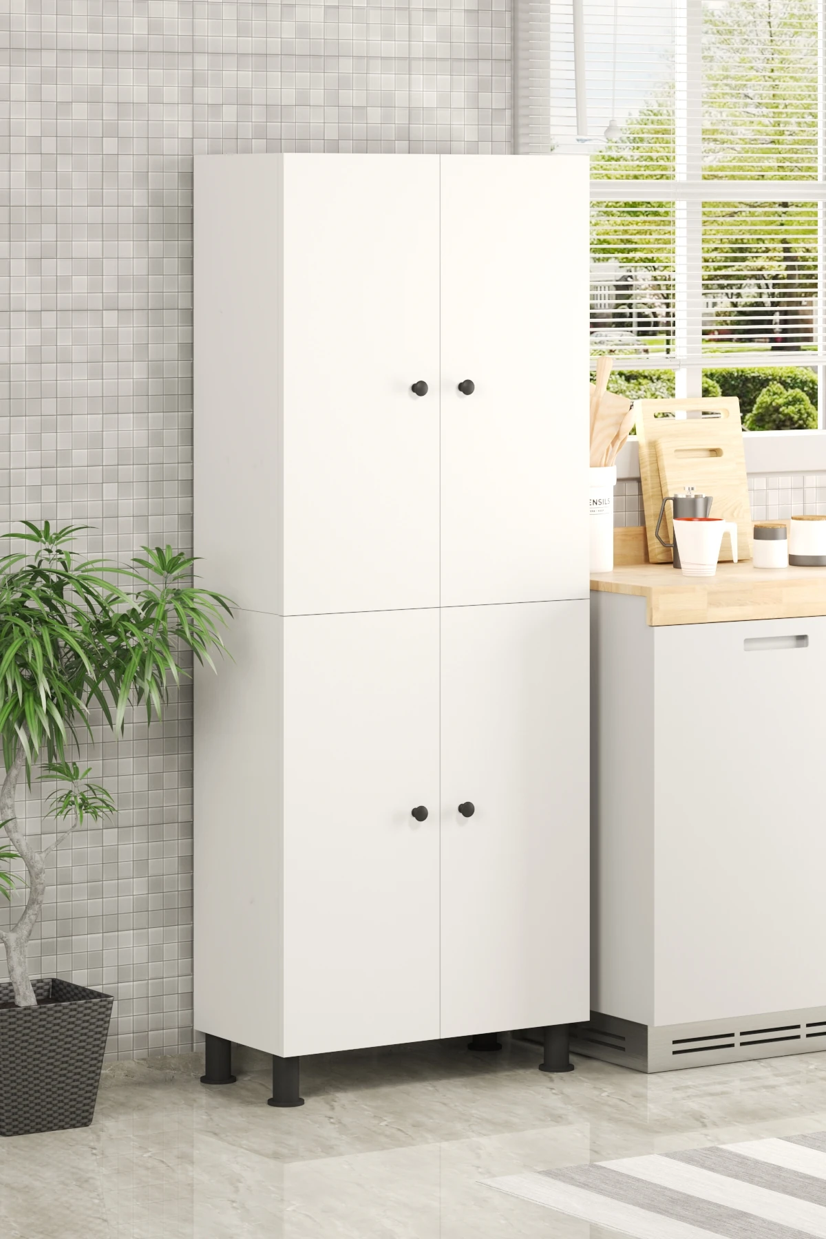 %100 Mdf 6 Raflı 4 Kapaklı Beyaz Çok Amaçlı Banyo/kiler/mutfak Dolabı 60 Cm En