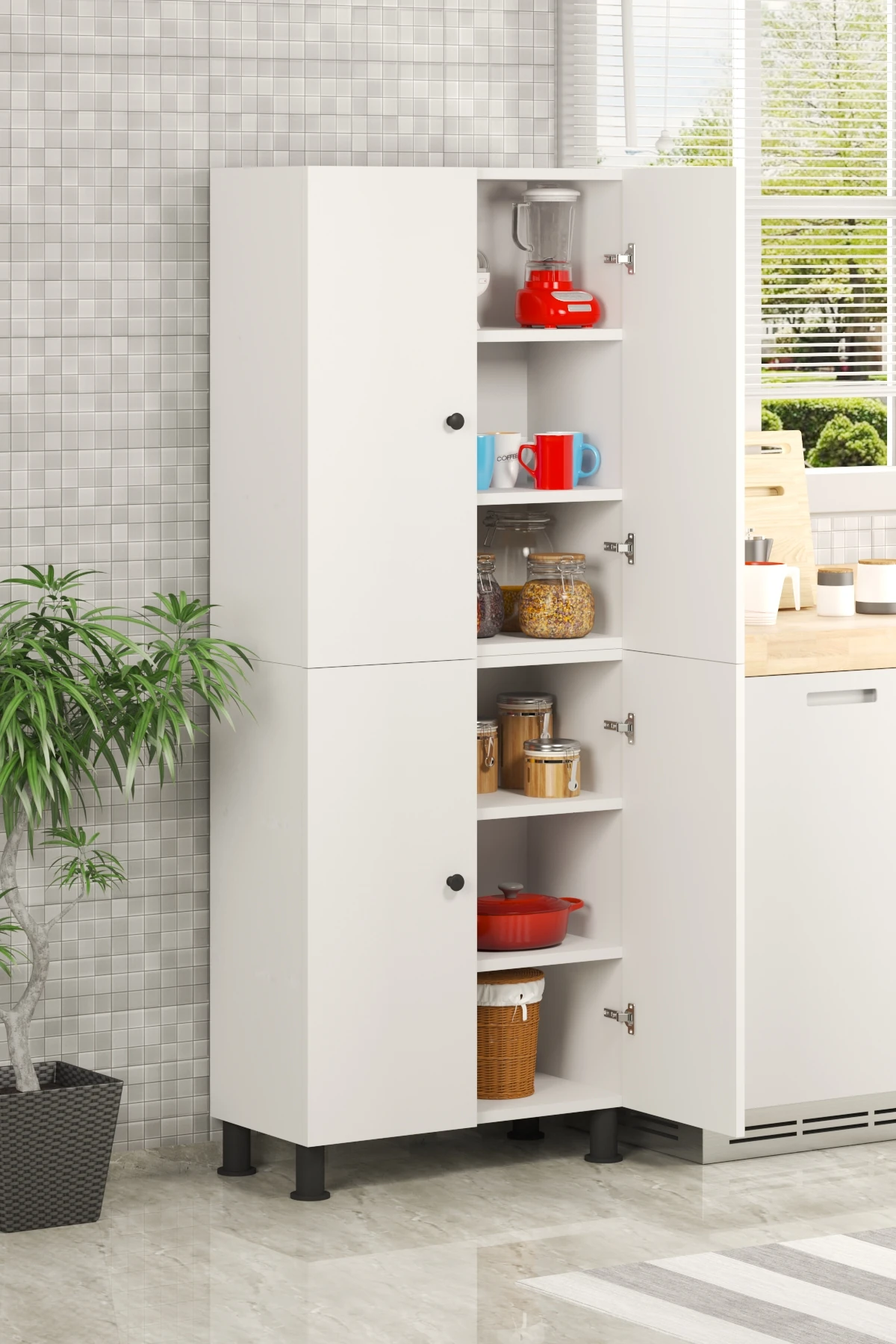 %100 Mdf 6 Raflı 4 Kapaklı Beyaz Çok Amaçlı Banyo/kiler/mutfak Dolabı 50 Cm En