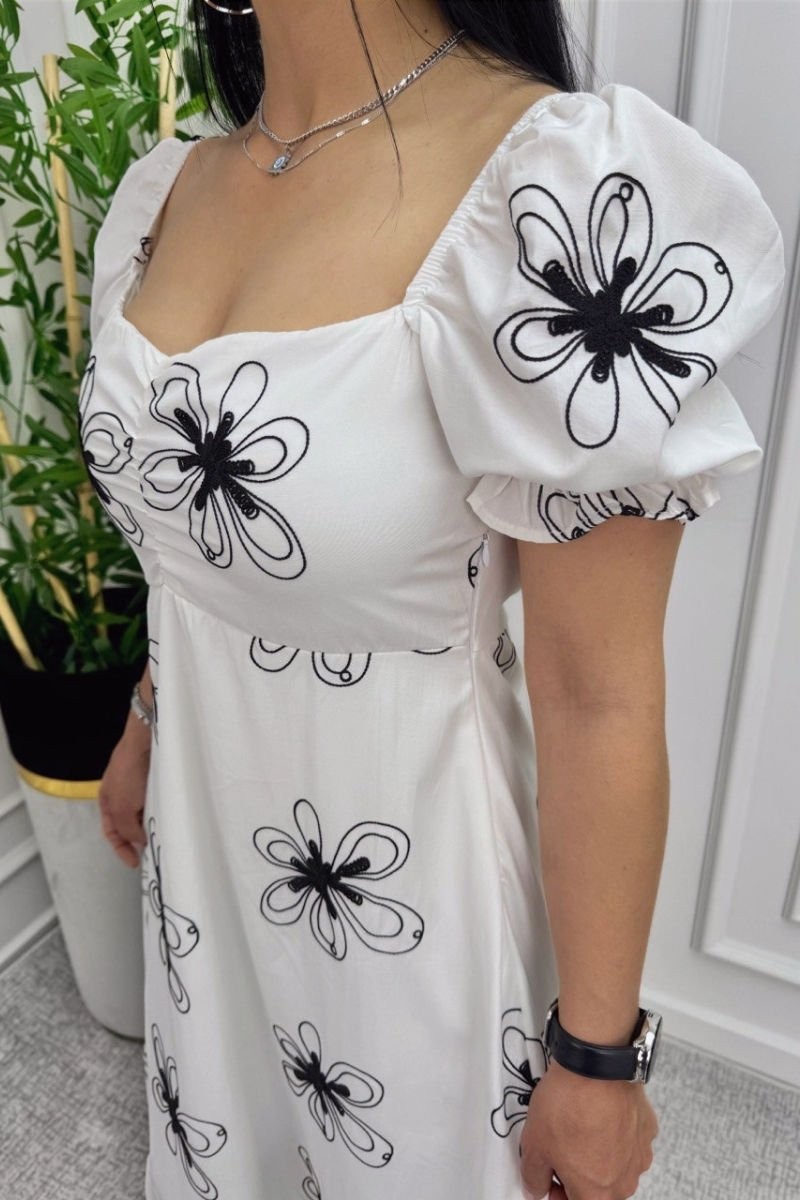 Flower Embroidered Balloon Sleeve Dress