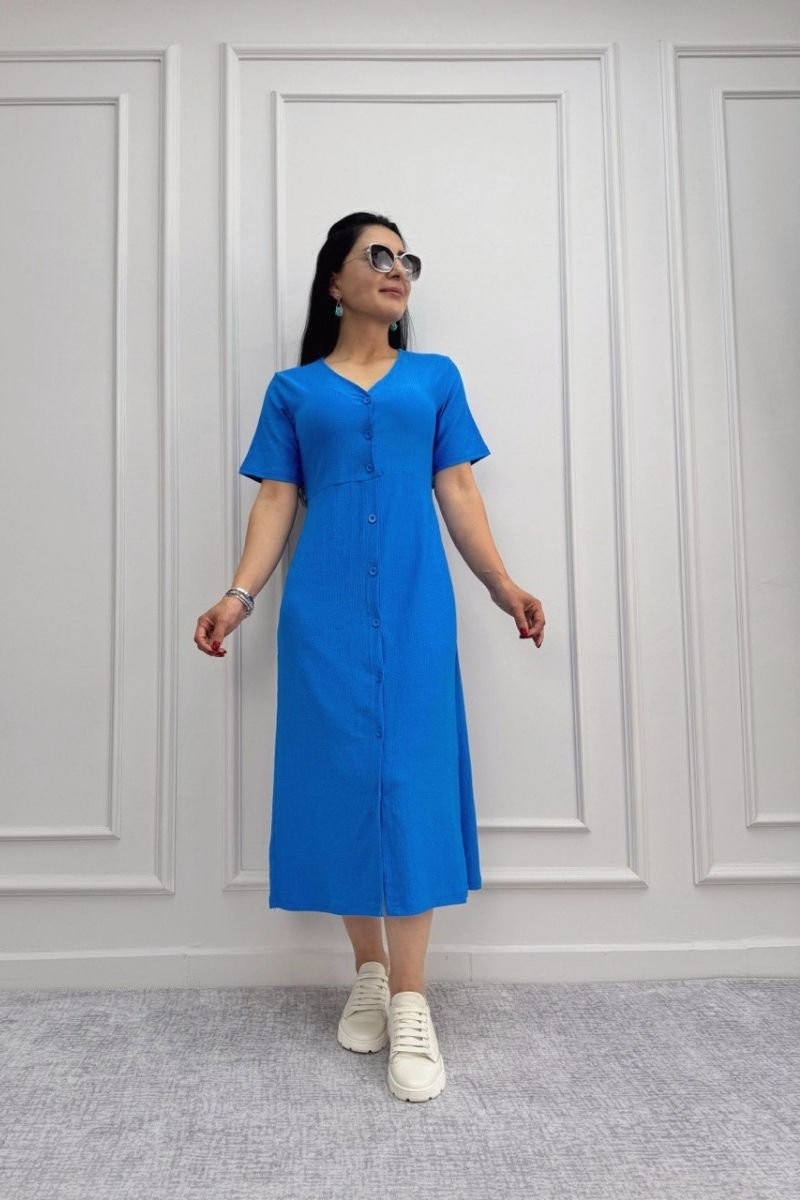 Buttoned Raschel Midi Short Sleeve Dress