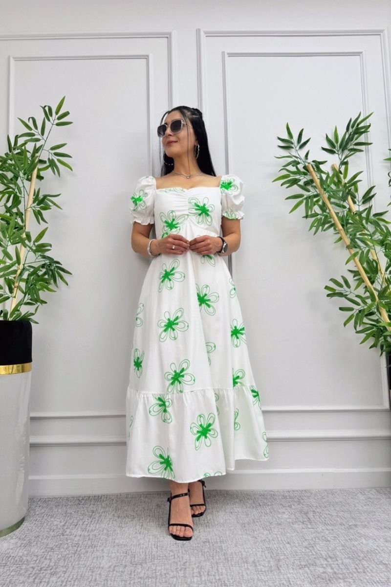 Flower Embroidered Balloon Sleeve Dress