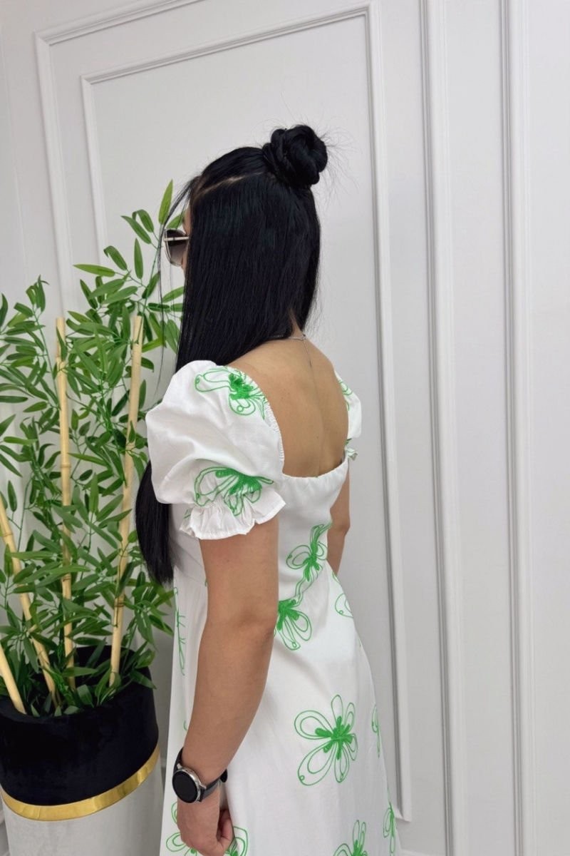 Flower Embroidered Balloon Sleeve Dress