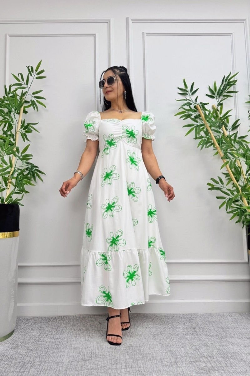 Flower Embroidered Balloon Sleeve Dress