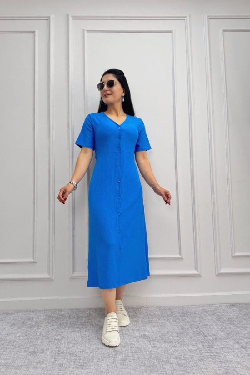 Buttoned Raschel Midi Short Sleeve Dress