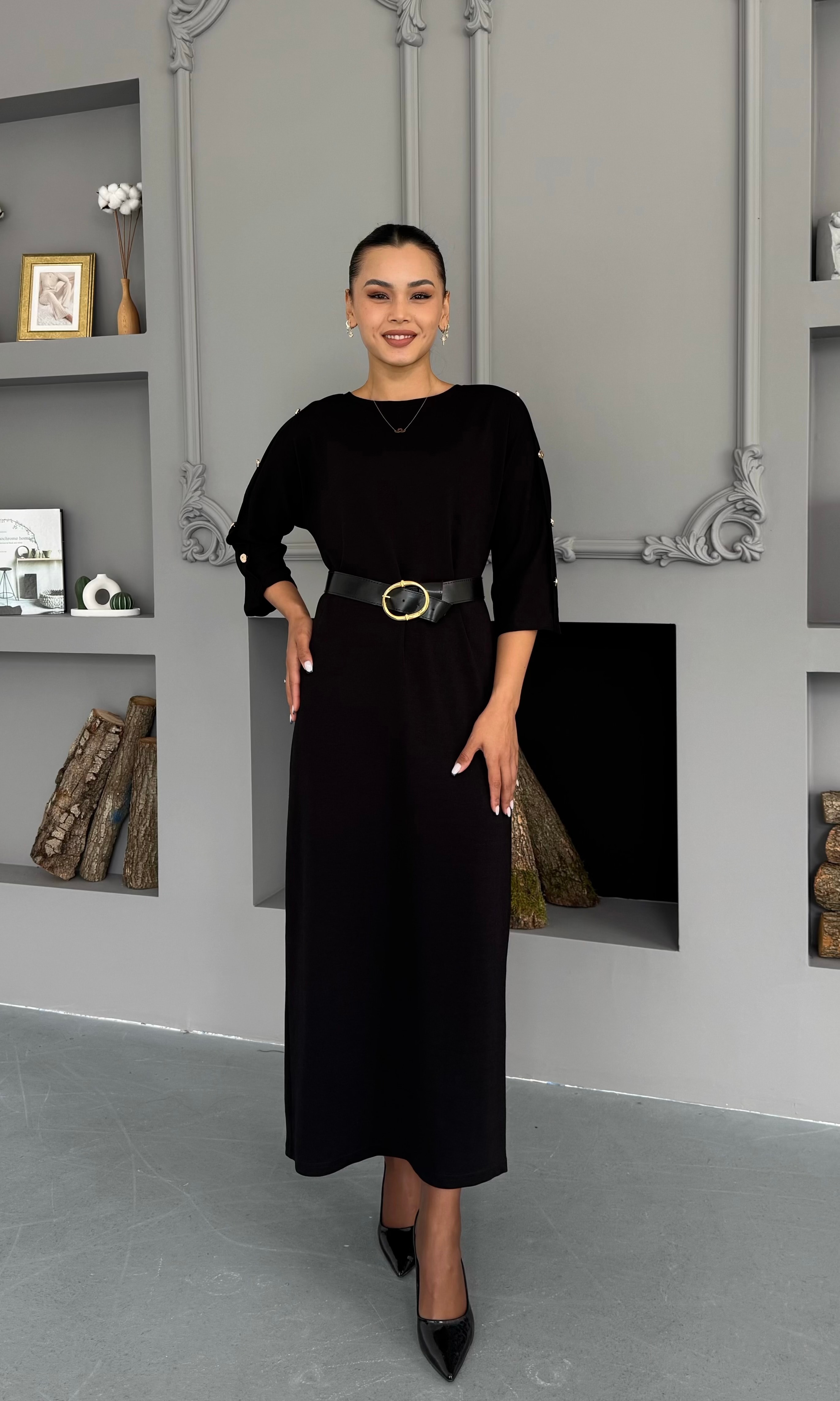 Kemerli Basic Elbise - Siyah