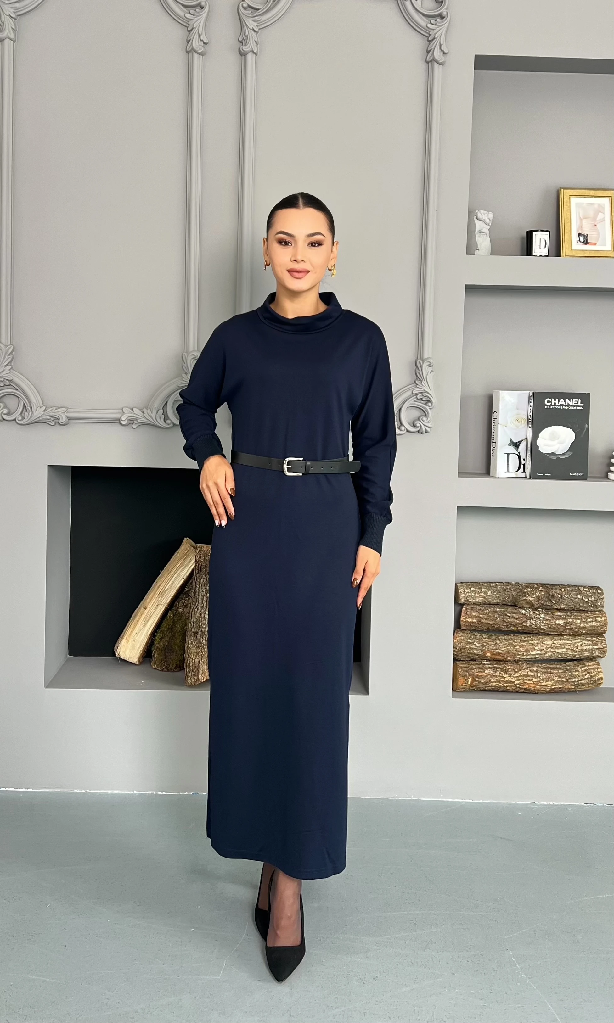 Yırtmaç Detaylı Basıc Elbise - Koyu Lacivert