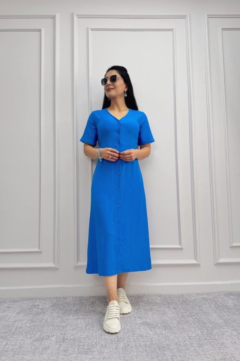 Buttoned Raschel Midi Short Sleeve Dress