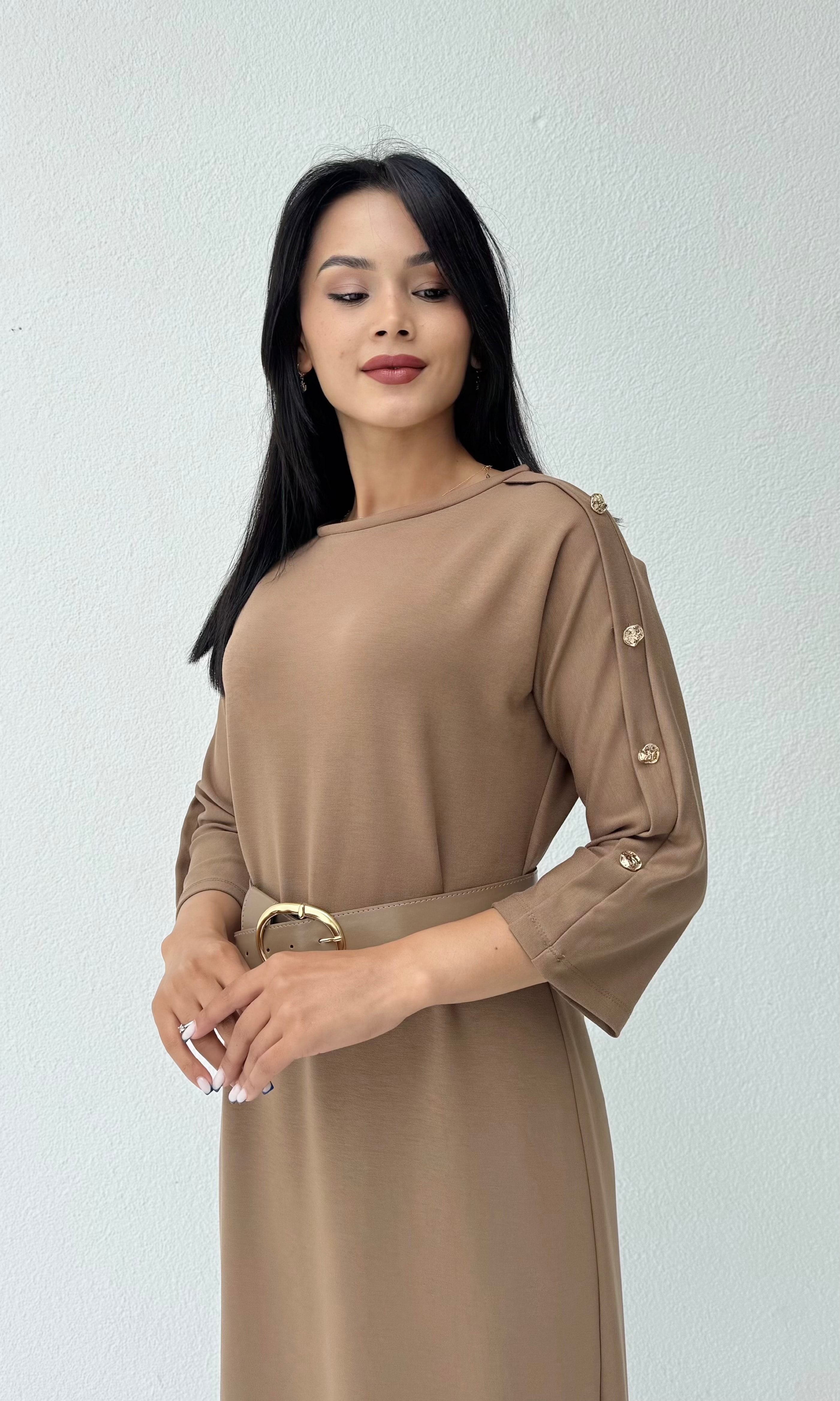 Kemerli Basic Elbise - Vizon