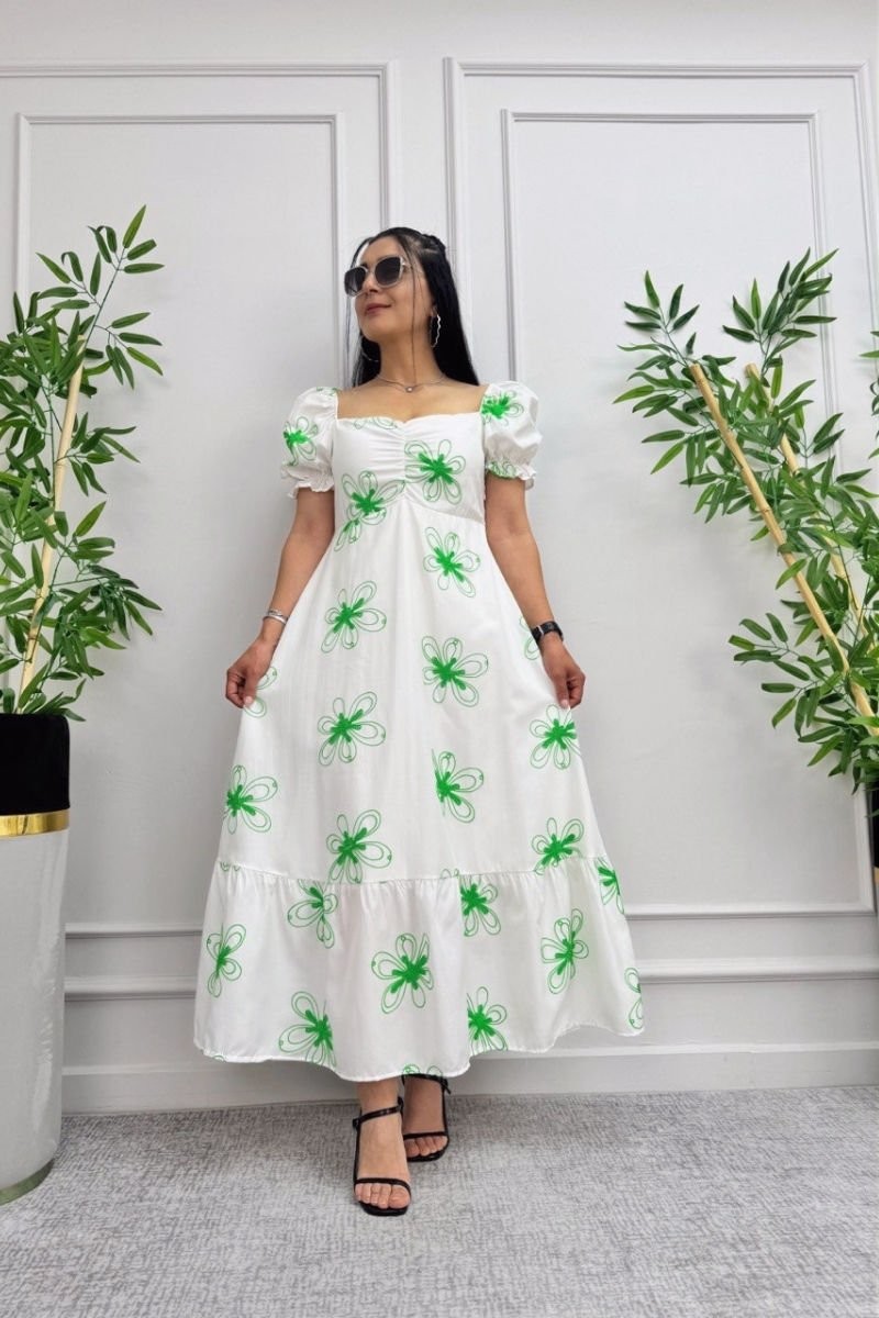 Flower Embroidered Balloon Sleeve Dress