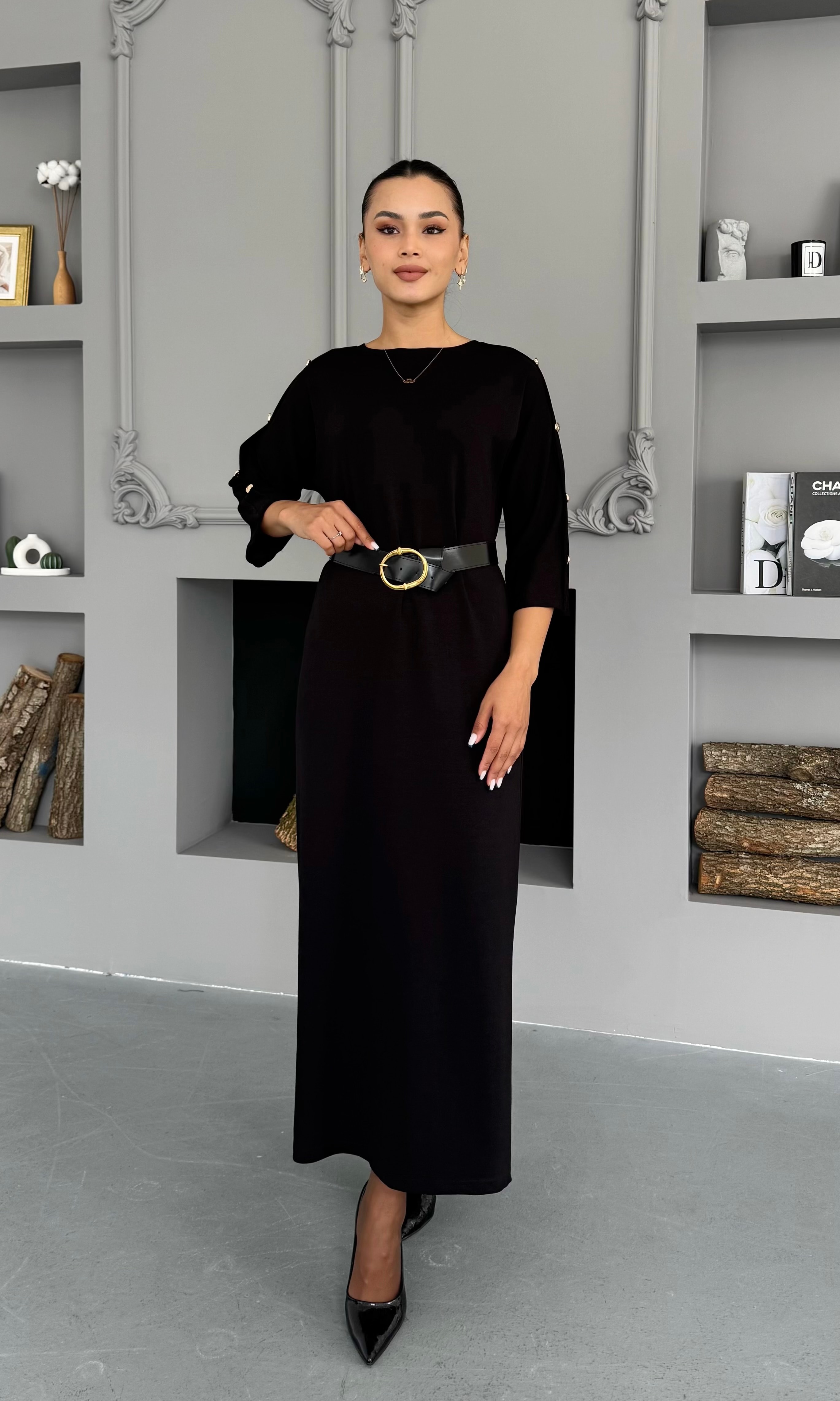 Kemerli Basic Elbise - Siyah
