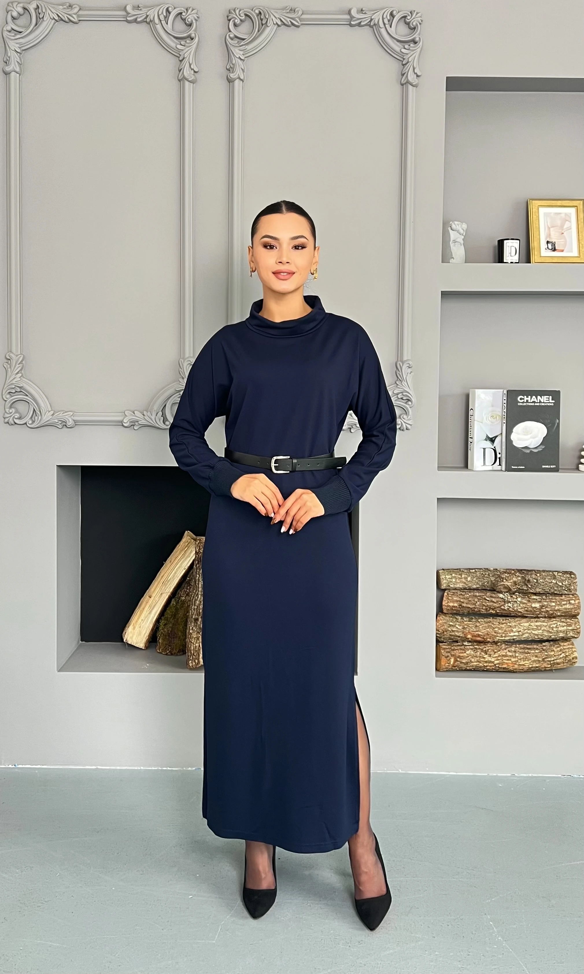 Yırtmaç Detaylı Basıc Elbise - Koyu Lacivert