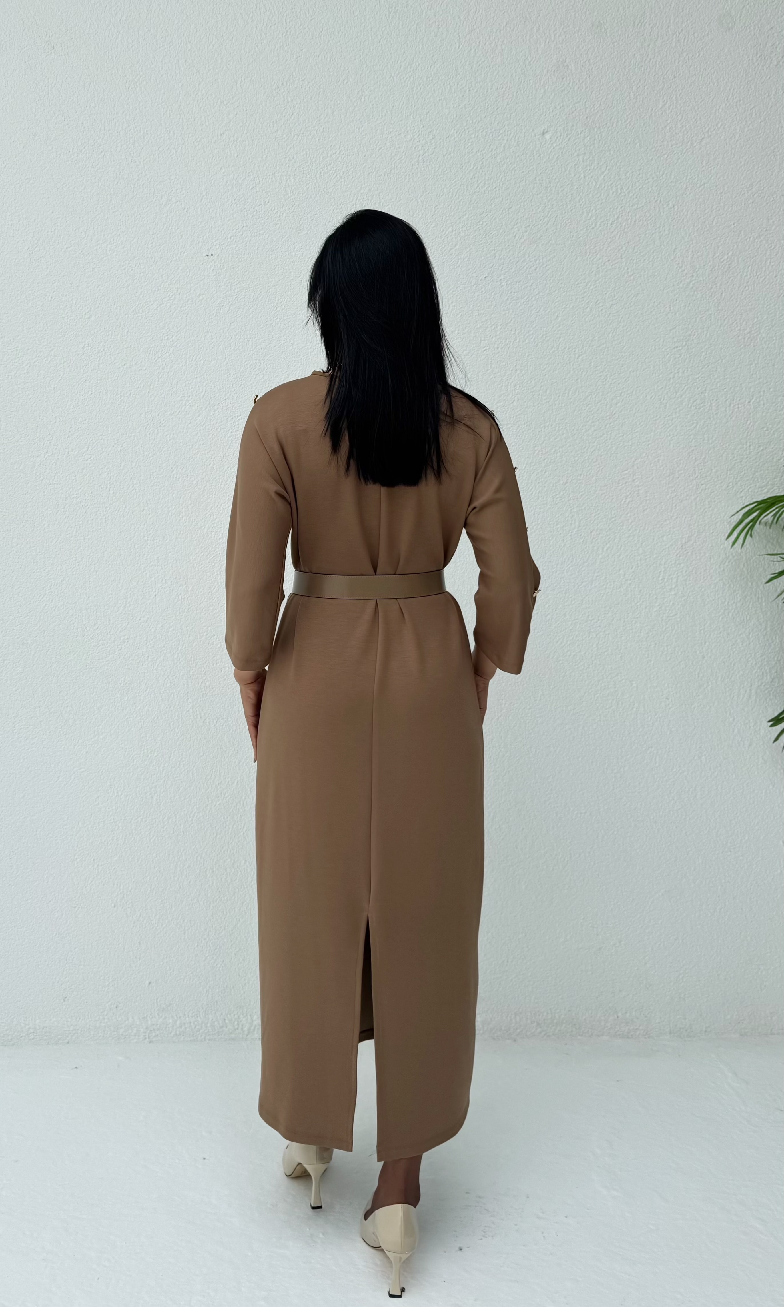 Kemerli Basic Elbise - Vizon
