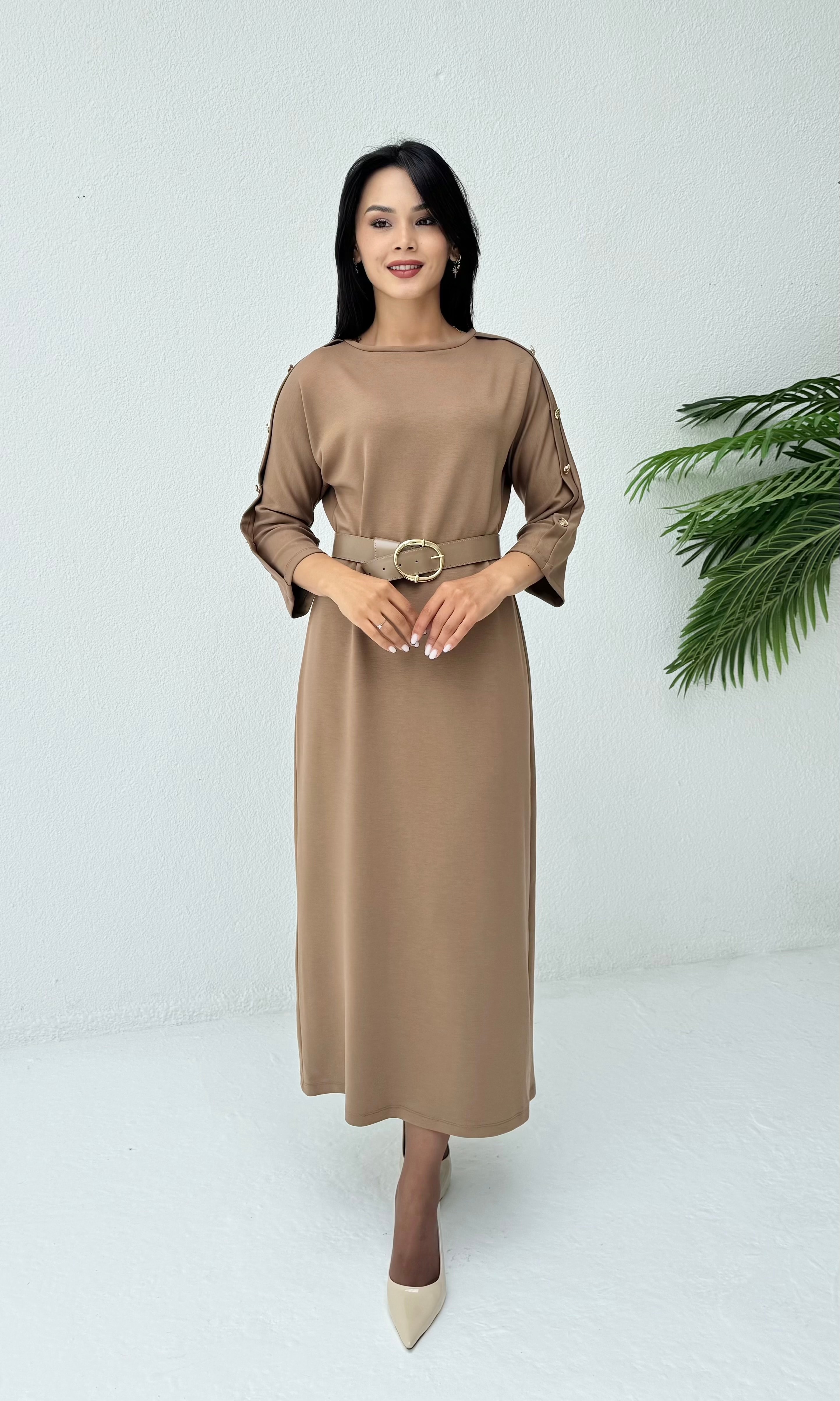 Kemerli Basic Elbise - Vizon