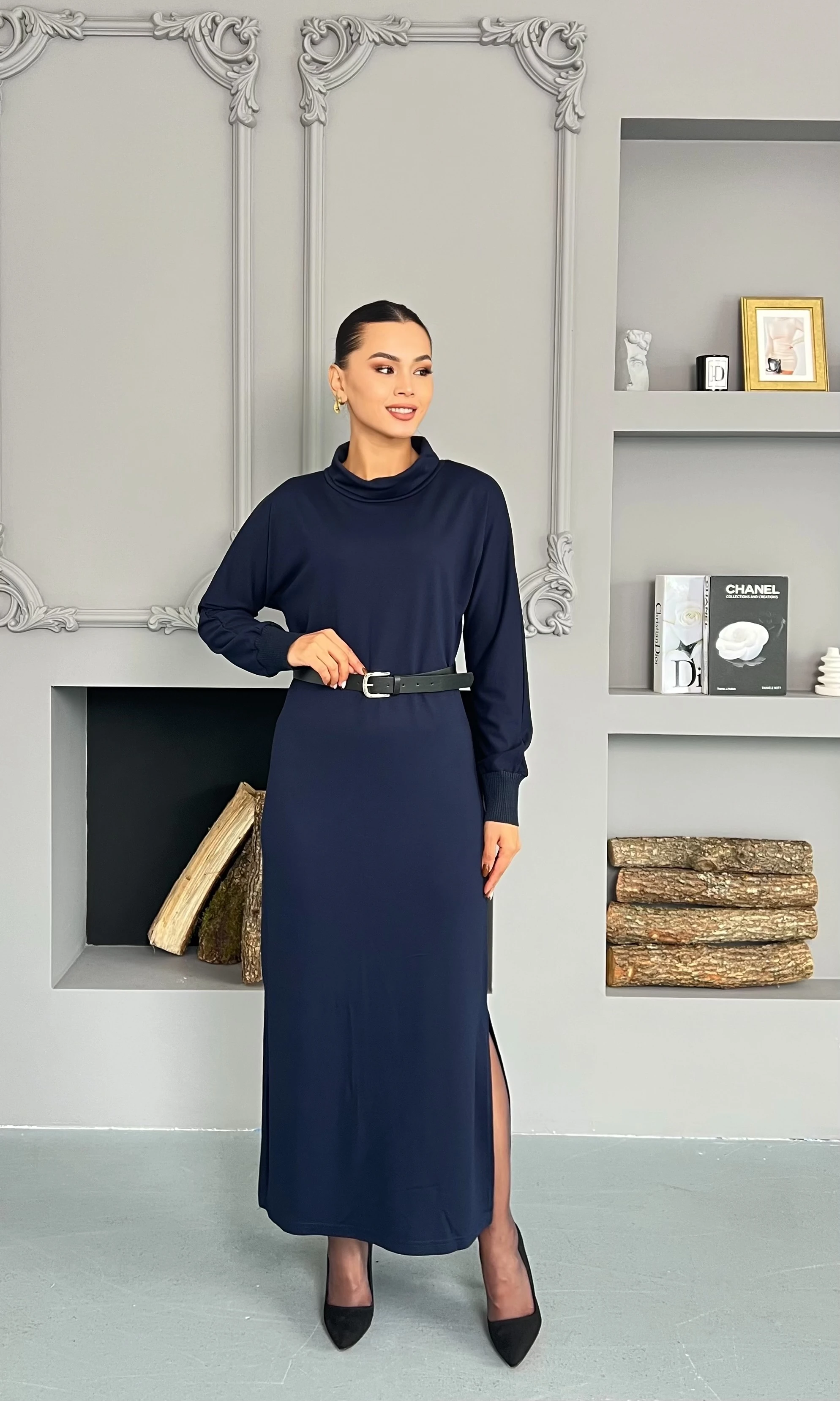 Yırtmaç Detaylı Basıc Elbise - Koyu Lacivert