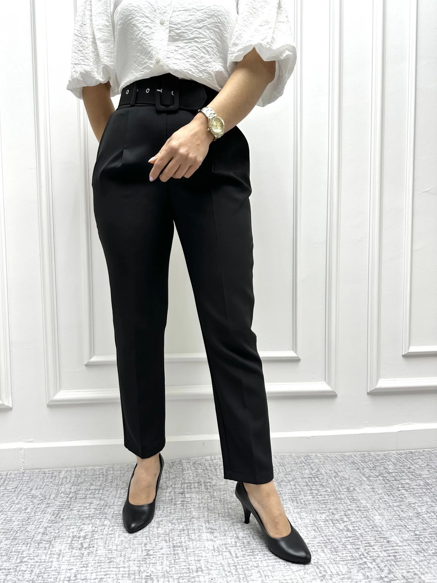 Black Belted Crepe Trousers