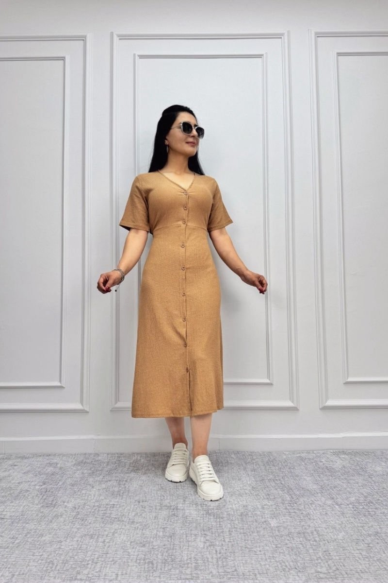 Buttoned Raschel Midi Short Sleeve Dress