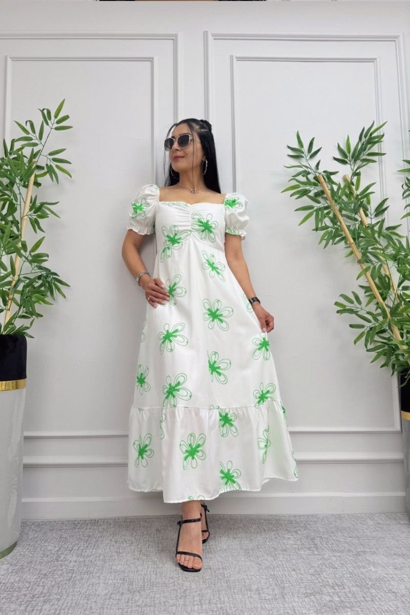 Flower Embroidered Balloon Sleeve Dress