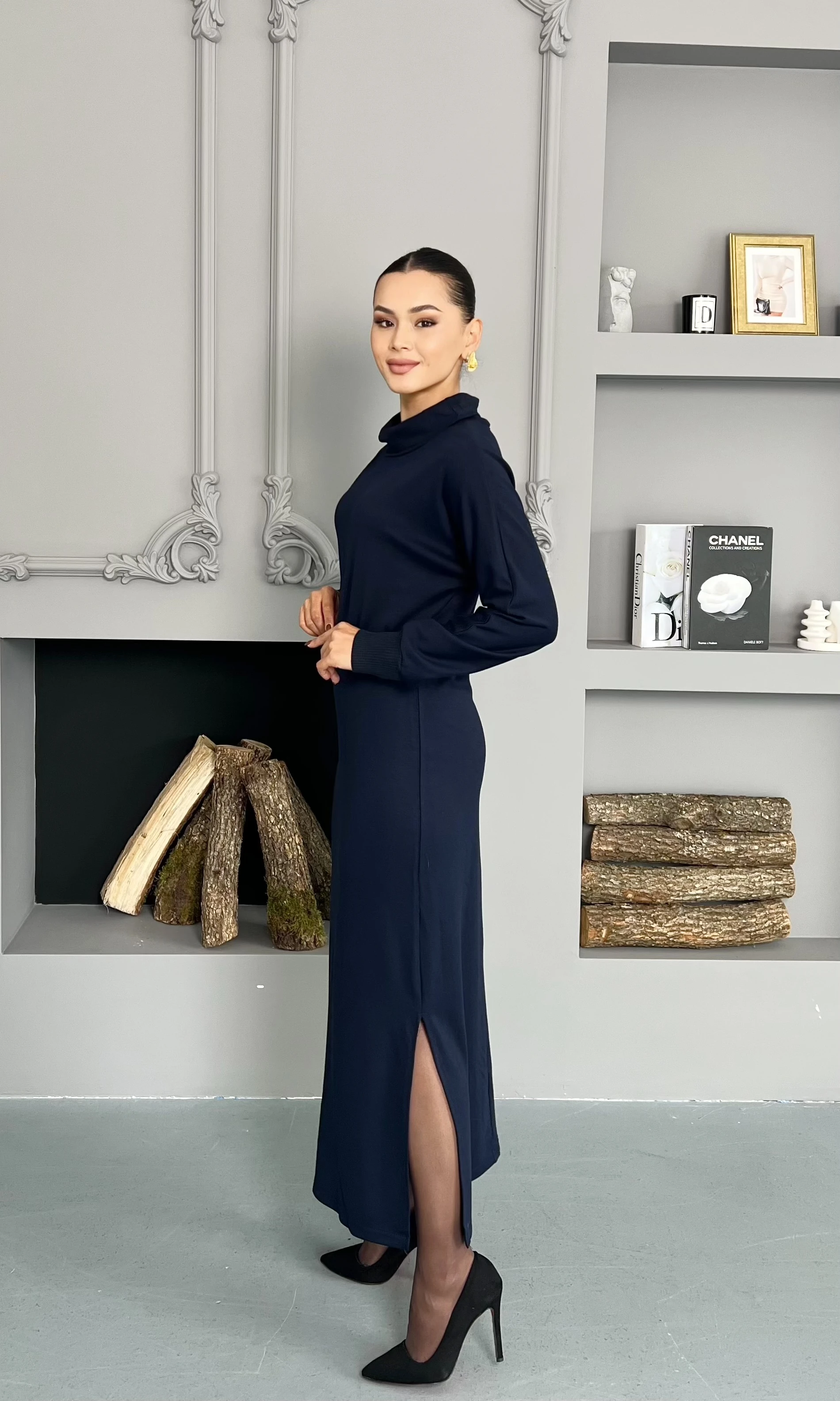 Yırtmaç Detaylı Basıc Elbise - Koyu Lacivert