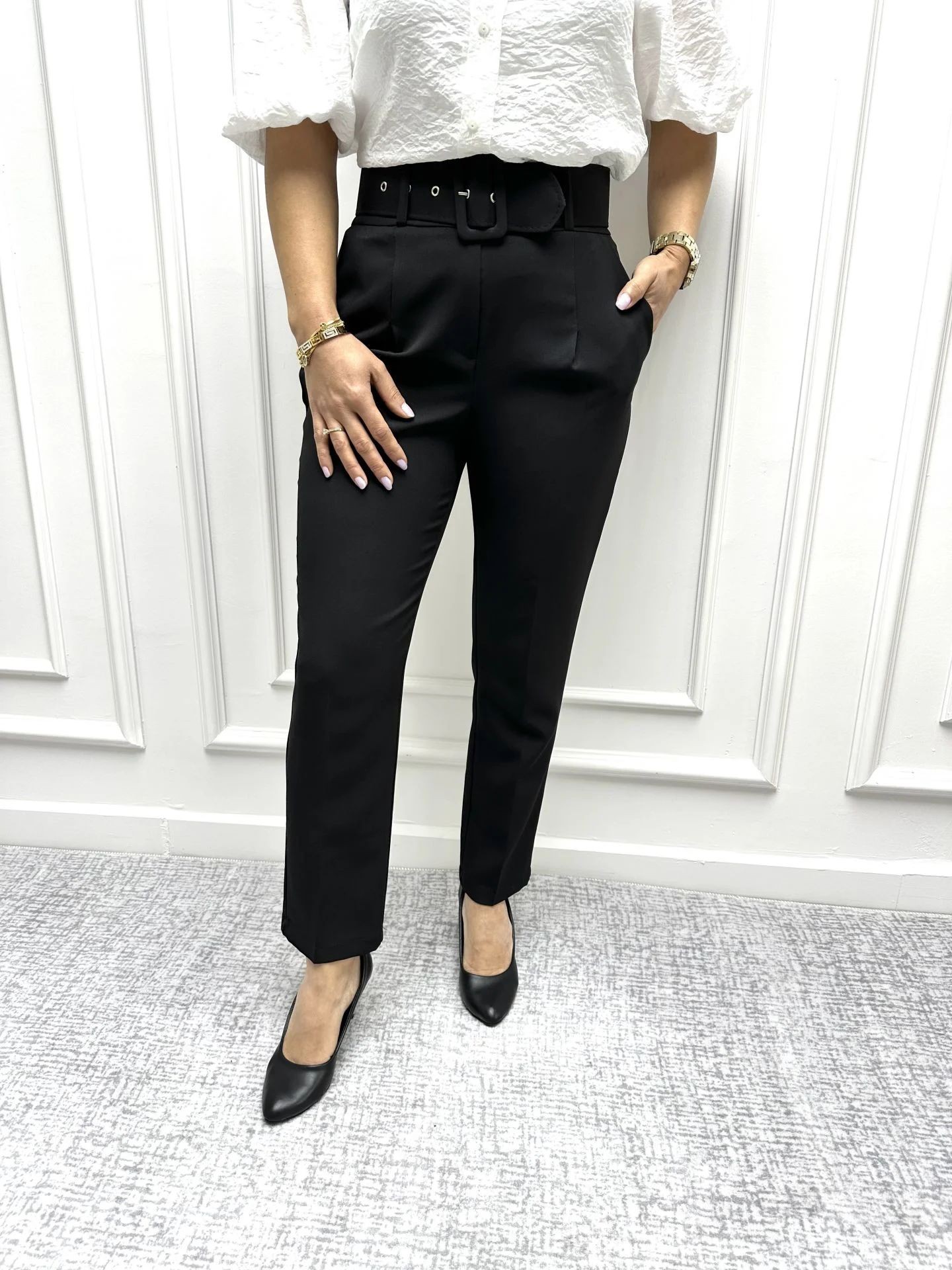 Black Belted Crepe Trousers