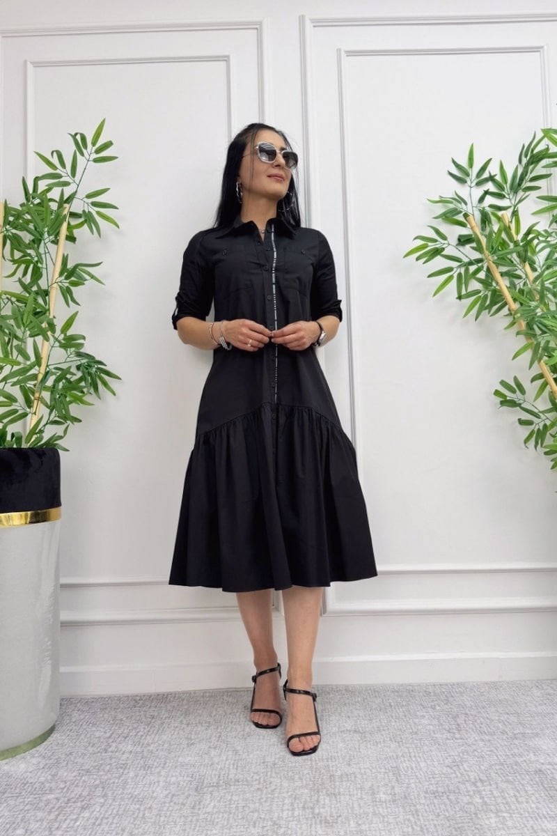 Front-Knopf Midi-Kleid